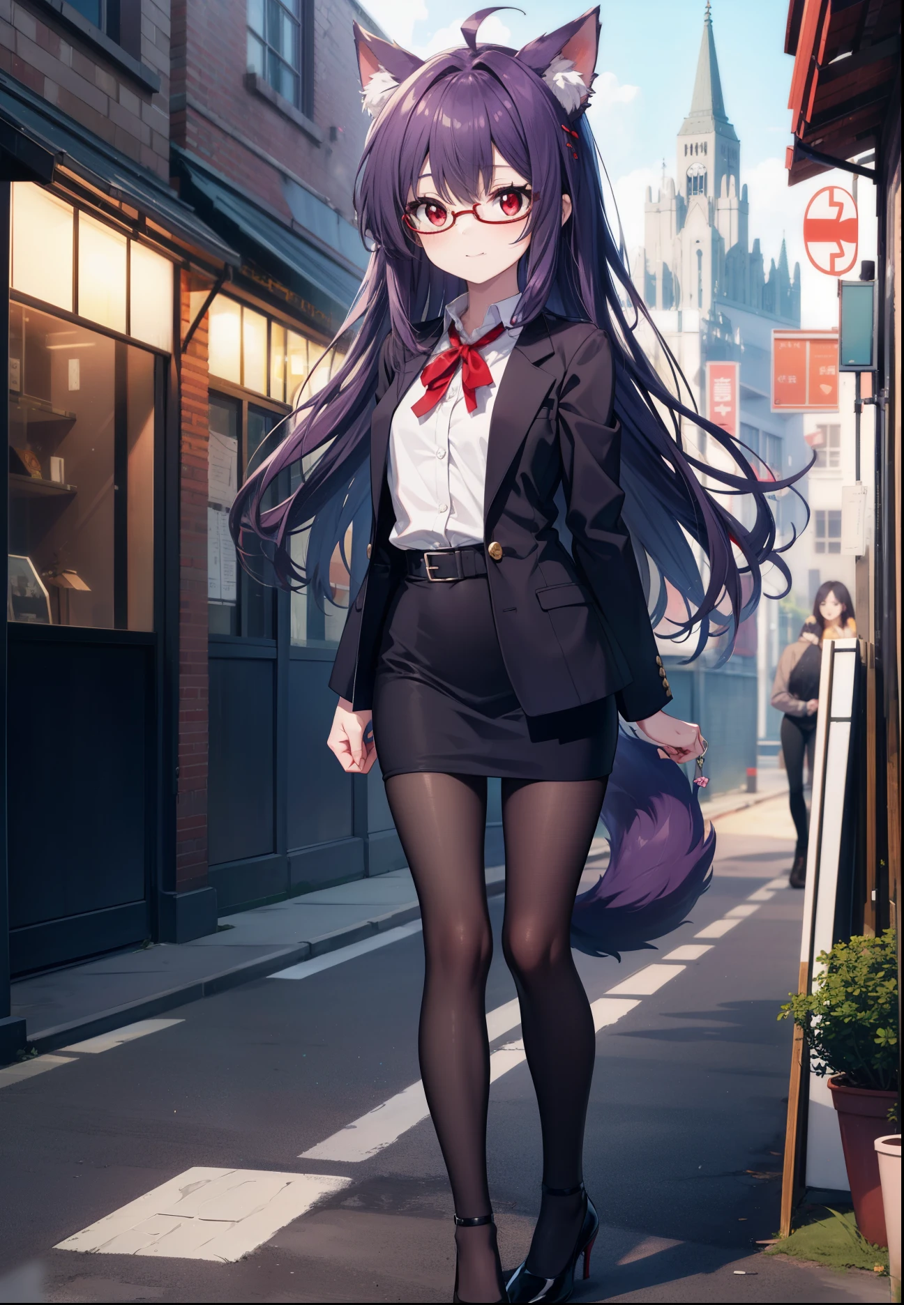 Anime girl in a black suit and cat ears walking down a street - SeaArt AI
