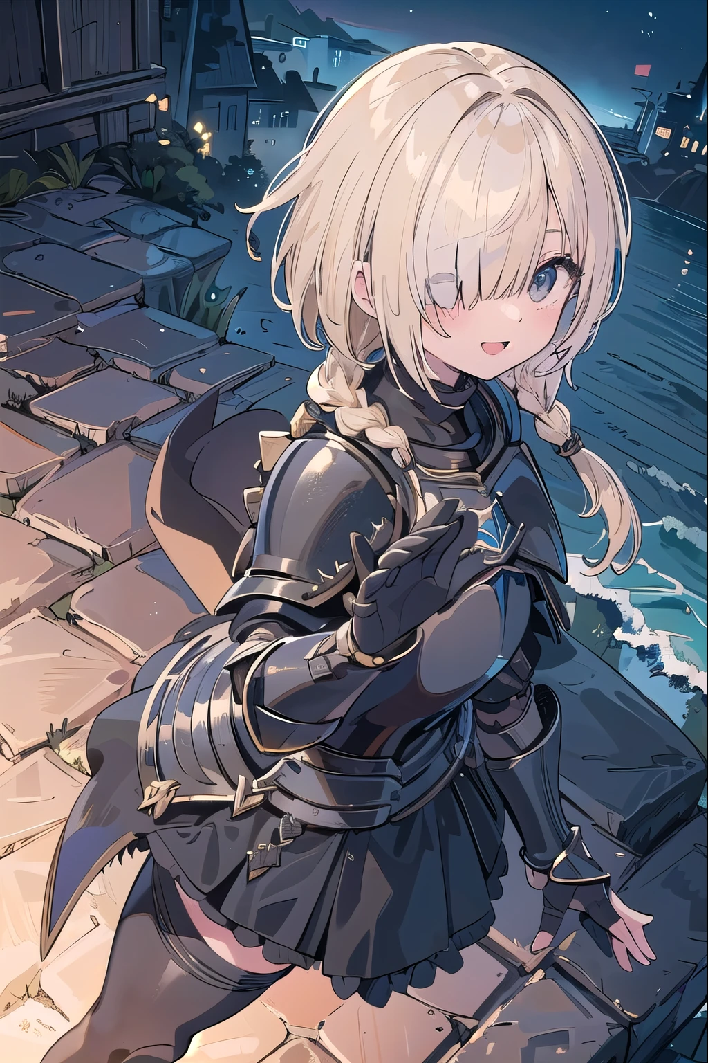 masterpiece, medieval townscape horizon Upper body girl ((((dark black knight armor)))) skirt Thighhighs , ((wave hands)) clear blonde ((((((hair over one eye)))))), Braid Styles, spiked hair, blunt bangs, bob hair, a braid, Ahoge red eyes looking at the viewer, ((smile)), ((wariza)) adventurer ((from above)), from side, open mouth