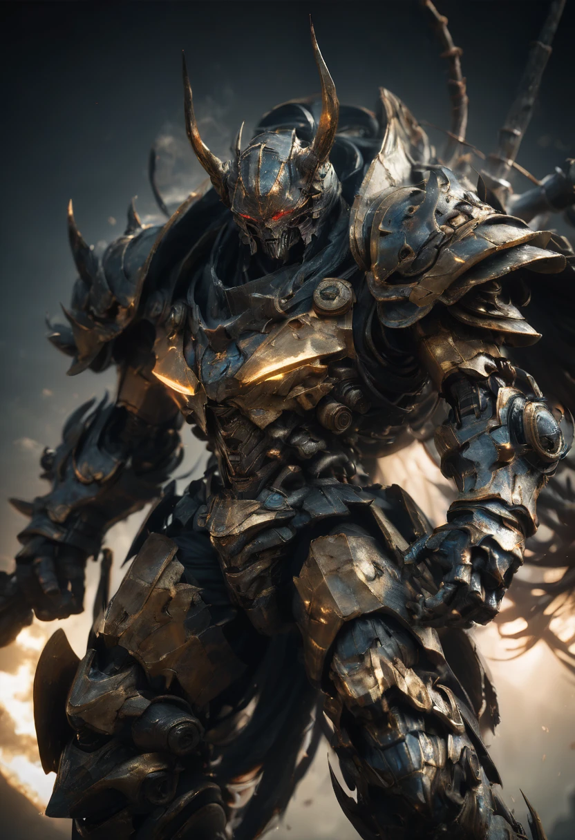 masterpiece, best quality, light particle, depth of field, scenery, fantasy, far away, pastel colors, chromatic aberration abuse, cloudy sky, blue aura, cinematic, dark atmosphere, glowing eyes, purple light, illumination, cliff, sword