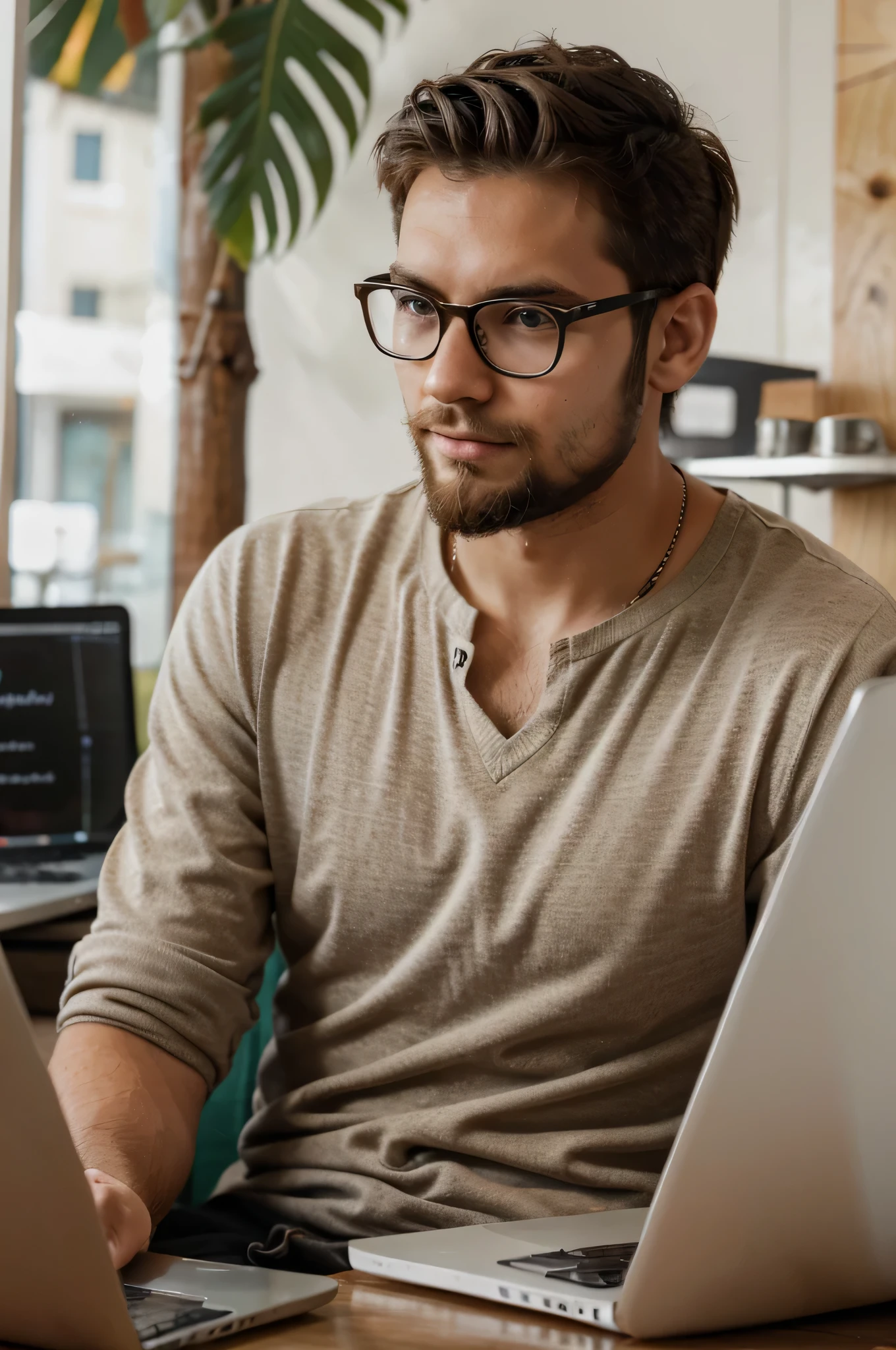 a young man with a beard and glasses in a cafe with his laptop on the background of a paradise beach. he is a bank investor