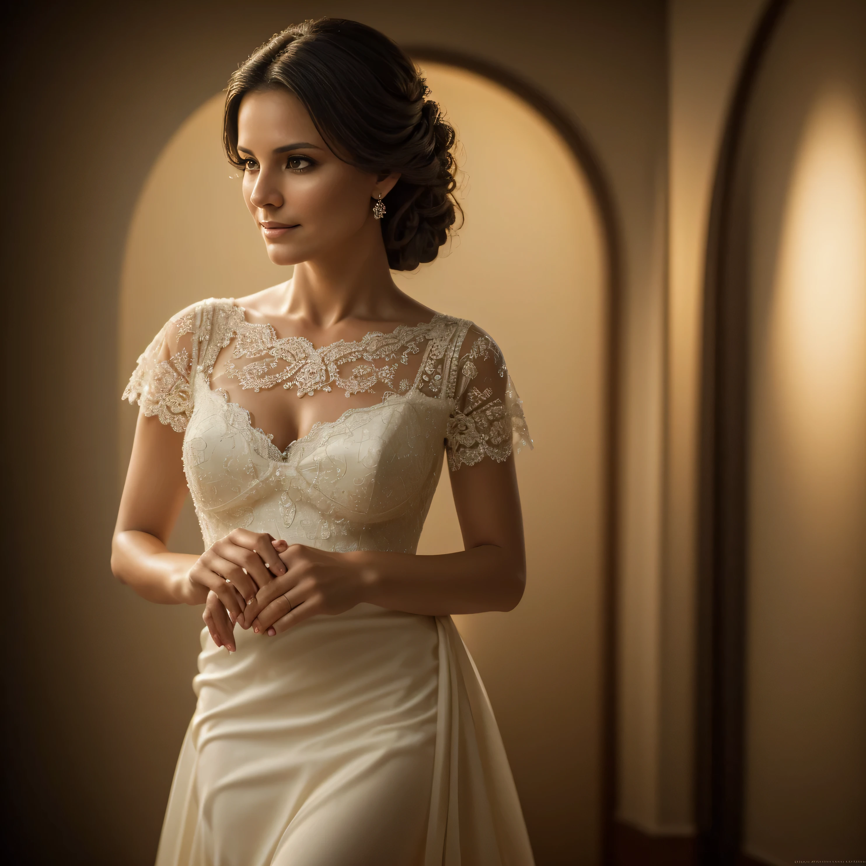Hyper-realistic photographic portrait of a 40-year-old woman, escultural, vestida elegante, languid pause, luz tenue, dark atmosphere, claroscuro, Ethereal art, Mysterious expression, enigmatic smile, lovely atmosphere, bokeh, nostalgic dream, enfoque suave, Professional photography, 8k, foto cruda, La mejor calidad, Obra maestra, fotorrealista, Altamente detallado, cinematic lighting, Sharp focus, Digital SLR Cameras, high resolution, fotorrealista, , Full HD, 3D