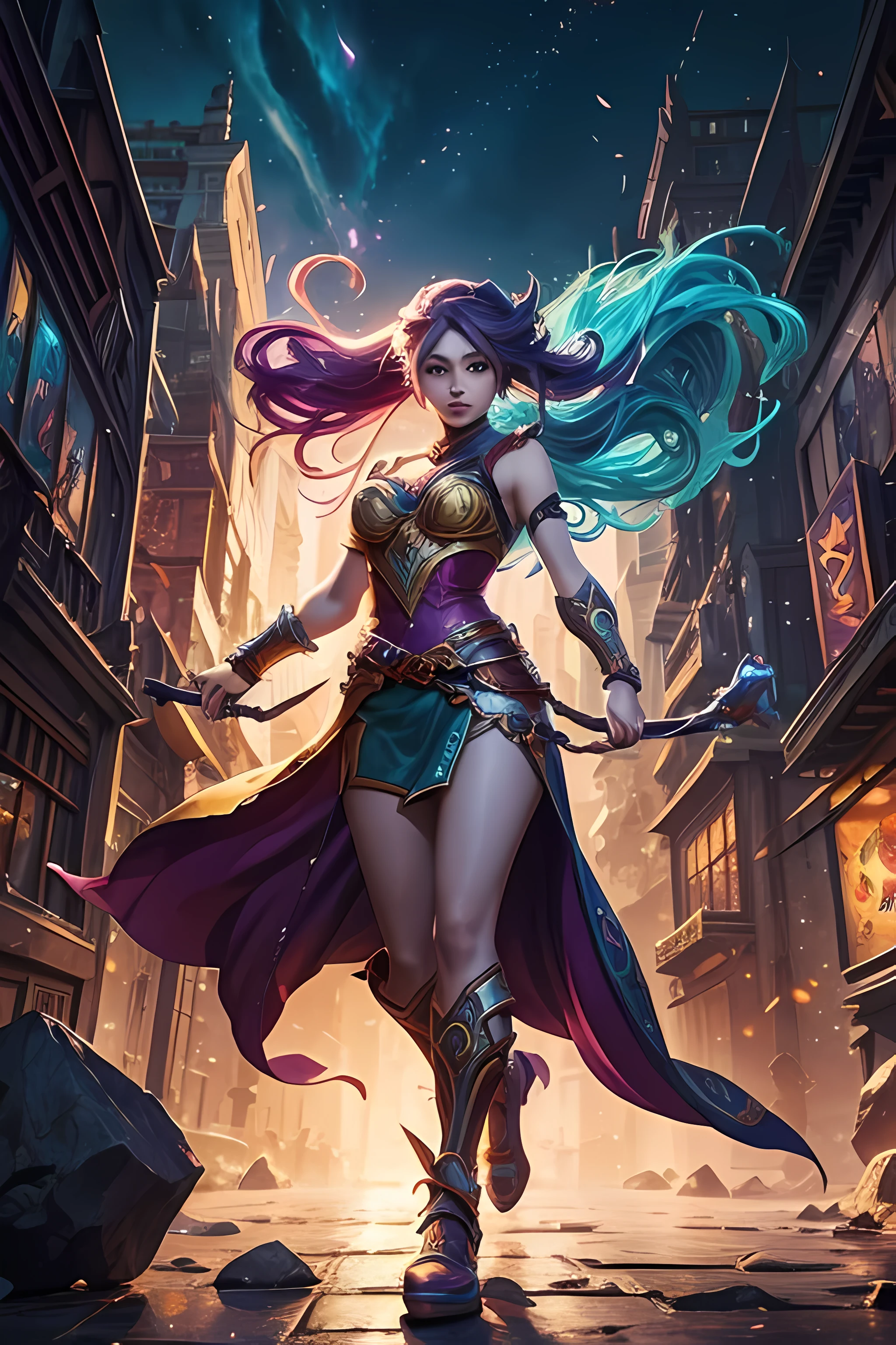 Produce a dynamic League of Legends-style splash art illustration from Lyra, the Guardian of Harmony, com cores vibrantes, detalhes intrincados, dramatic lighting, and a strong sensation of movement, capturing the essence of her dual nature as a spiritual warrior in the bustling cityscape of Zaun.