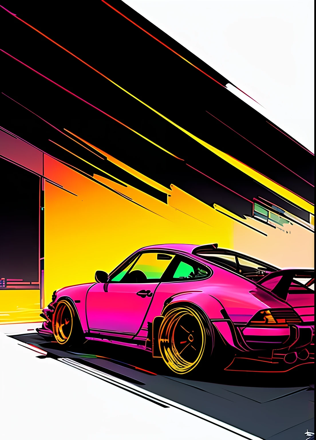 nvinkpunk, award winning photo of a Porsche 911 rwb, paint splashes, splatter, outrun, vaporware, cell shaded, (octane render:1), trending on artstation, highly detailed, fine detail, intricate
