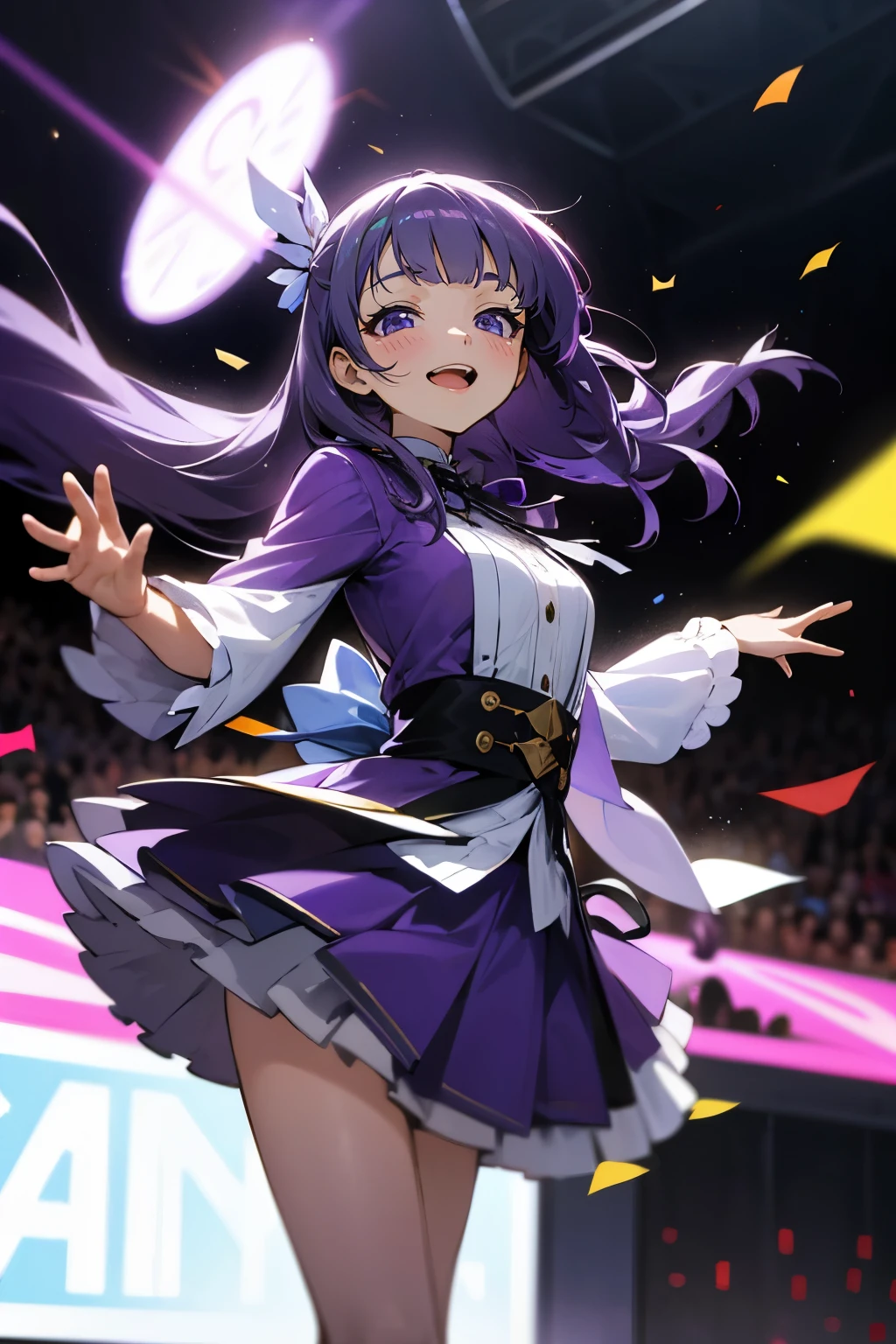 (muste piece), (best quality), very detailed, ((1 girl)), solo focus,Low - Angle,dynamic,jump,((A big smile)),wink,perfect face, beautiful face, very detailedな顔,(Purple hair long hair_purple eyes:1.3),idol costume,solo idol,Ribbon hair ornament,concert dome,live,have a microphone,singing,smiling with mouth wide open,Laser Light,Spotlight,Lots of confetti