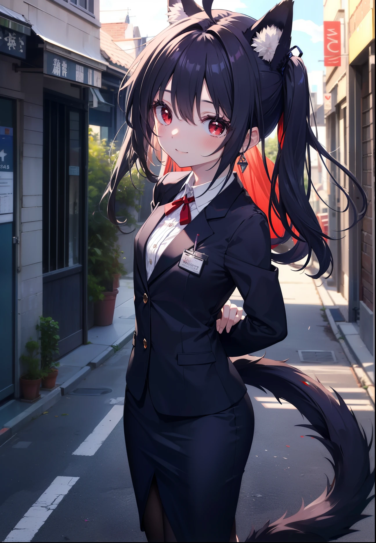 yuukikonno, Yuki Konno, hair band, long hair, pointed ears, purple hair, (red eyes:1.5), (small breasts:1.2), Ahoge,close your mouth,animal ears dog ears,Animal tail dog tail,OL, red glasses, Fundo, black suit jacket, collared jacket, white dress shirt, collared shirt, neckline, button, strap, ID card on neck, black pencil skirt, black pantyhose, stiletto heels,Put your arms behind your back,smile, blush, morning,morning日
break looking at viewer, 上から見下ろす
break outdoors, In town,building street,
break (masterpiece:1.2), highest quality, High resolution, unity 8k wallpaper, (figure:0.8), (beautiful and fine eyes:1.6), highly detailed face, always detailed fingers,perfect lighting, Very detailed CG, (perfect hands, perfect anatomy),