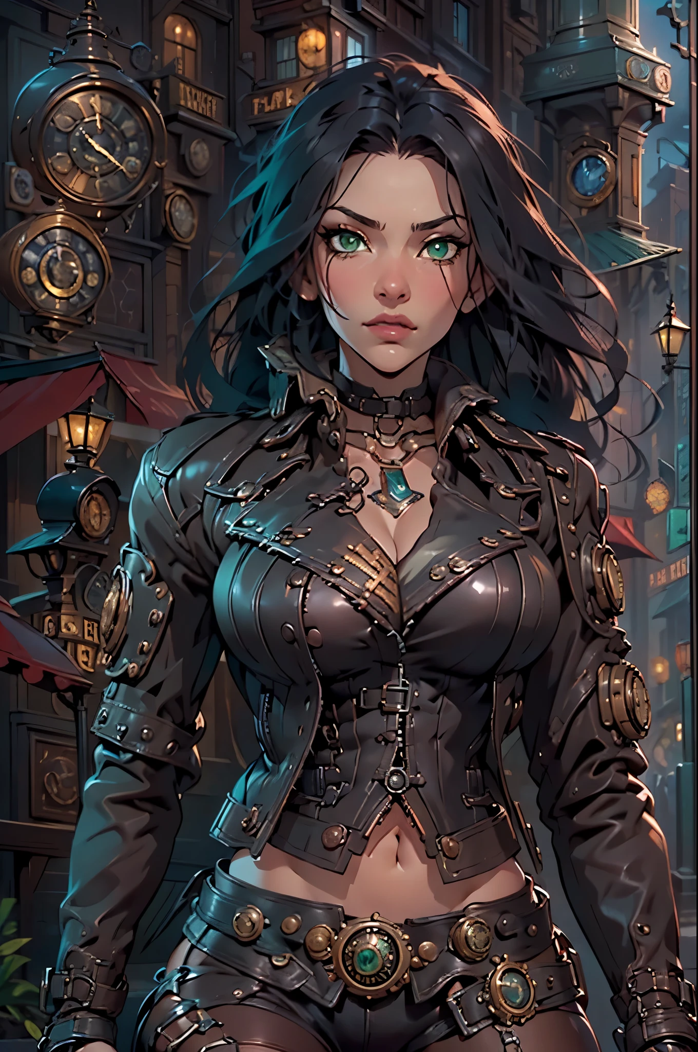 ((Need, 8K, tmasterpiece:1.3)),(realisticlying:1.4),RAW photogr,figure portrait,Very wide lens,closeup cleavage,(True skin texture:1.3),(filmgrain:1.3) Focalors:1.2, perfect figure beautiful woman:1.4, ((Long dark black bright hair, green eyes, navel, huge tit:1.2 )), ((White crop top:1.4)(short black leather jacket, black steampunk trausers:1.4) , ((kneel:1.2)), ((open steampunk street day scene, )), Highly detailed facial and skin texture, detailed