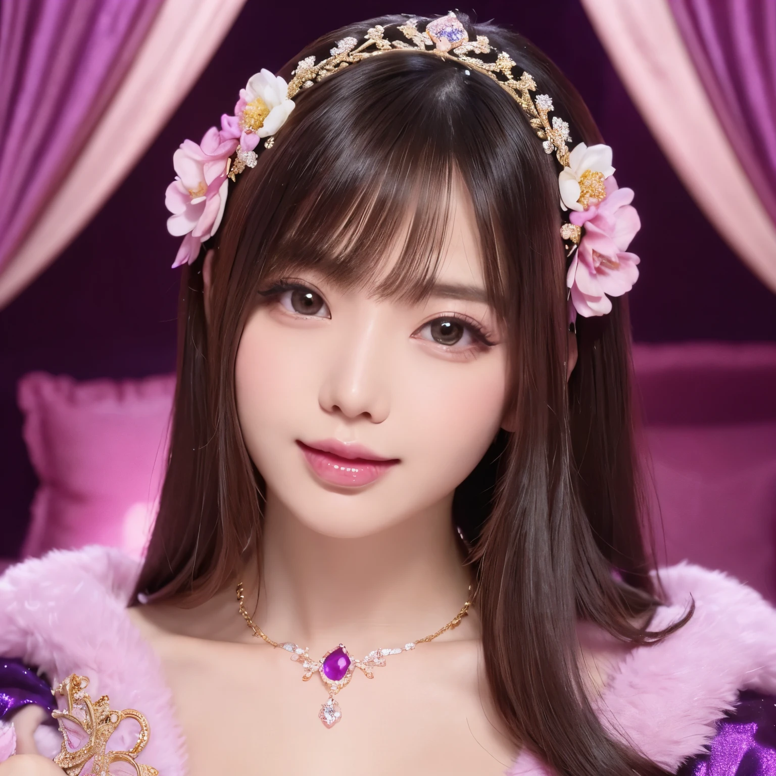 ((highest quality、table top、8K、best image quality、extremely complex and detailed depiction))、、(goddess of prostitutes:、(Japan'the most gorgeous whore goddess:1.1)、((The most gorgeous prostitution goddess huge costume、The most vivid and luxurious costume Iglon costume、The unimaginably luxurious goddess room、Glittering purple and pink room、purple and pink interior、The most luxurious purple and pink room、purple and pink gems、A night spent in a glittering room decorated with plenty of jewelry、very intricate decoration、A very transparent goddess room))、(Look at me、a bewitching slight smile、perfect makeup、long eyelashes、lipstick、pink eyeshadow、perfect anatomy)、(close up of face:1.35)