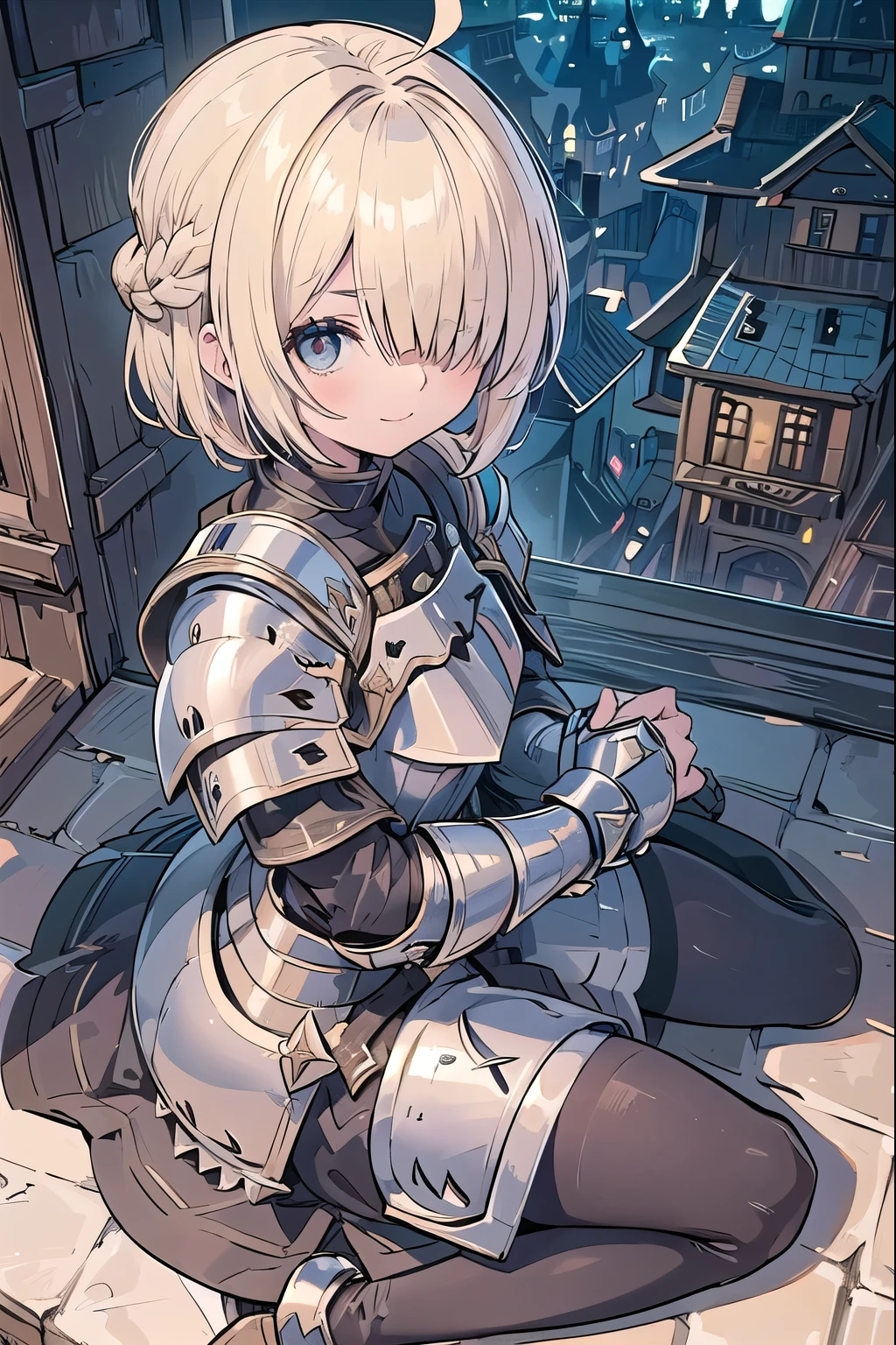 masterpiece, medieval townscape horizon Upper body girl ((((armored dress knight)))) skirt Thighhighs , sitting crossed legs, clear blonde ((((((hair over one eye)))))), Braid Styles, spiked hair, blunt bangs, bob hair, a braid, Ahoge red eyes looking at the viewer, ((smile)), ((wariza)) adventurer ((from above)), from side, cute eyes, clossed arms under chest