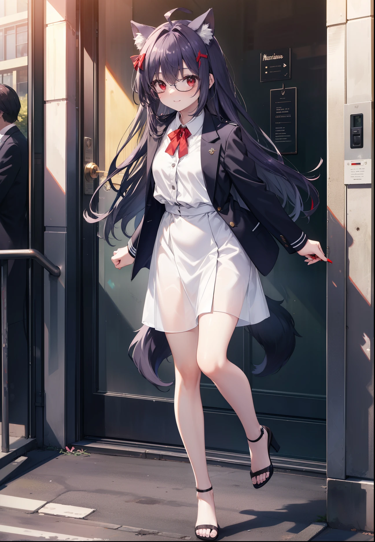 yuukikonno, Yuki Konno, hair band, long hair, pointed ears, purple hair, (red eyes:1.5), (small breasts:1.2), Ahoge,close your mouth,animal ears　dog ears,Animal tail　dog tail,OL, red glasses, Fundo, black suit jacket, collared jacket, white dress shirt, collared shirt, neckline, button, strap, ID card on neck, black pencil skirt, black pantyhose, stiletto heels,Put your arms behind your back,smile, blush, morning,morning日
break looking at viewer, 上から見下ろす
break outdoors, In town,building street,
break (masterpiece:1.2), highest quality, High resolution, unity 8k wallpaper, (figure:0.8), (beautiful and fine eyes:1.6), highly detailed face, always detailed fingers,perfect lighting, Very detailed CG, (perfect hands, perfect ???????),