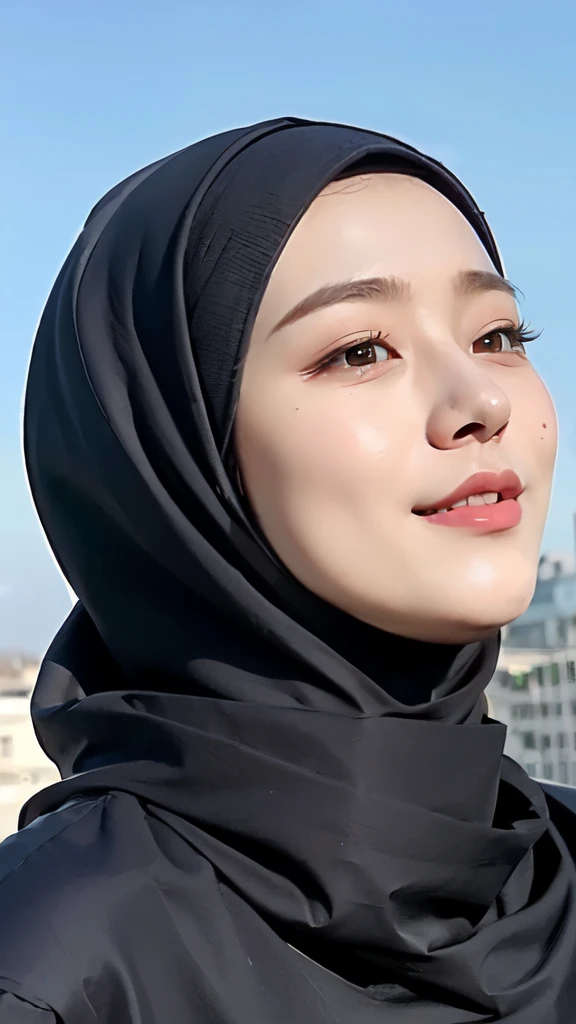 (Best quality, 8k, 32k, Masterpiece, UHD:1.2),Photo of Pretty Japanese hijab woman, large breasts, transparent shirt girl ,face focus,oversized_sweater, necklace, background, from above, looking at viewer, lingering, fetish hijab, hijab star