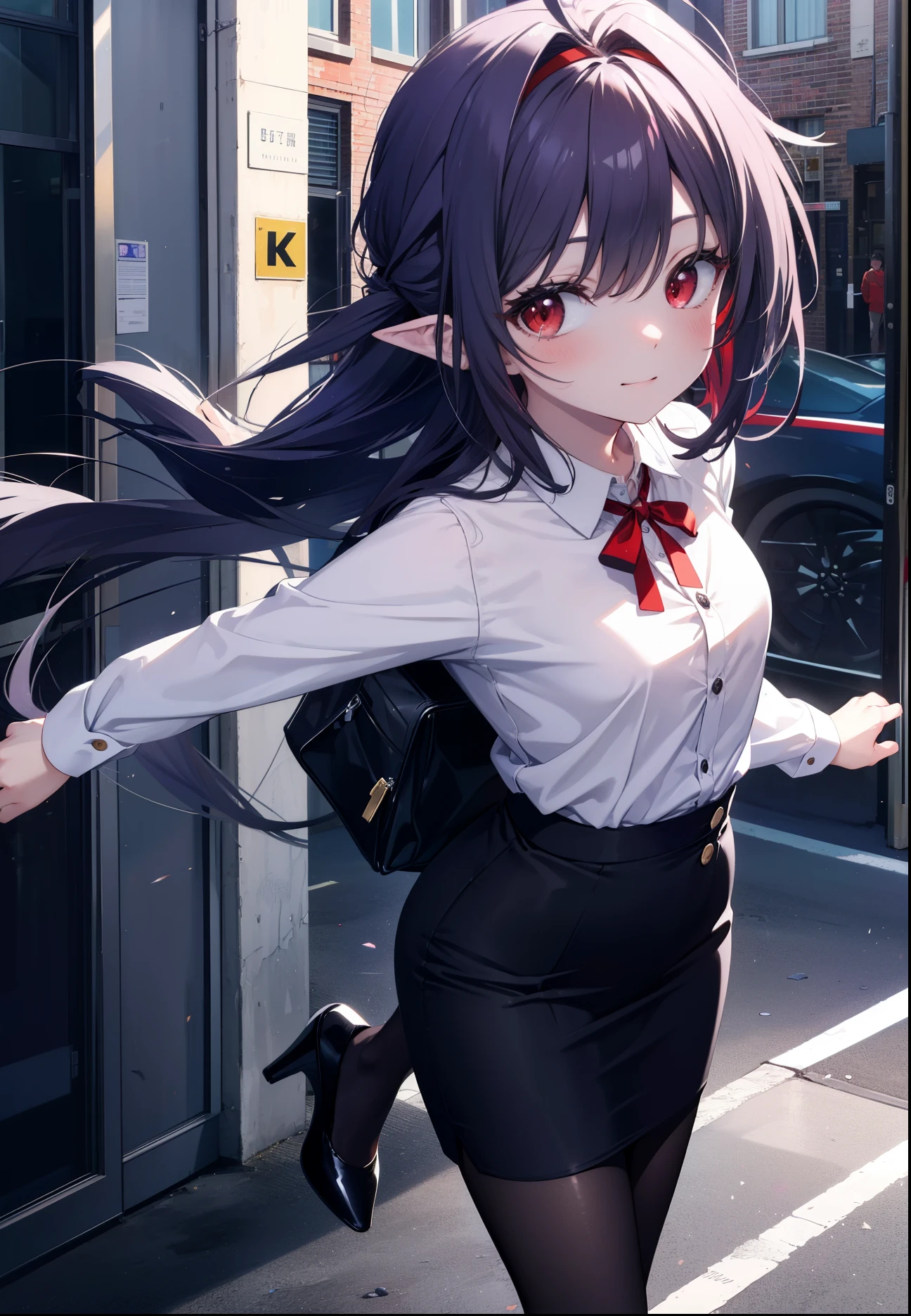 yuukikonno, Yuki Konno, hair band, long hair, pointed ears, purple hair, (red eyes:1.5), (small breasts:1.2), Ahoge,close your mouth,animal ears　dog ears,Animal tail　dog tail,OL, red glasses, Fundo, black suit jacket, collared jacket, white dress shirt, collared shirt, neckline, button, strap, ID card on neck, black pencil skirt, black pantyhose, stiletto heels,Put your arms behind your back,smile, blush, morning,morning日
break looking at viewer, 上から見下ろす
break outdoors, In town,building street,
break (masterpiece:1.2), highest quality, High resolution, unity 8k wallpaper, (figure:0.8), (beautiful and fine eyes:1.6), highly detailed face, always detailed fingers,perfect lighting, Very detailed CG, (perfect hands, perfect anatomy),