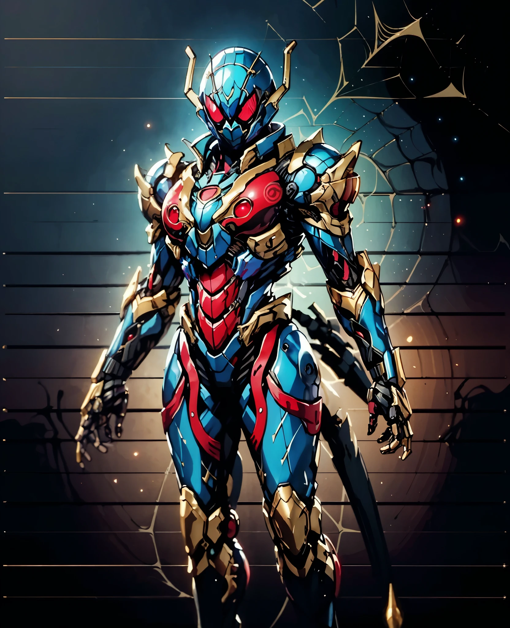 A woman adorned in fantasy-style full-body armor, a crown-concept fully enclosed helmet that unveils only her eyes, a composite layered chest plate, fully encompassing shoulder and hand guards, a lightweight waist armor, form-fitting shin guards, the overall design is heavy-duty yet flexible, (the armor gleams with a golden glow, complemented by red and blue accents), exhibiting a noble aura, she floats above a fantasy-surreal high-tech city, this character embodies a finely crafted fantasy-surreal style armored hero in anime style, exquisite and mature manga art style, (plasma, blood), ((Spider Concept Armor, Element, bio mecha, long legs, elegant, goddess, femminine:1.5)), metallic, high definition, best quality, highres, ultra-detailed, ultra-fine painting, extremely delicate, professional, anatomically correct, symmetrical face, extremely detailed eyes and face, high quality eyes, creativity, RAW photo, UHD, 32k, Natural light, cinematic lighting, masterpiece-anatomy-perfect, masterpiece:1.5
