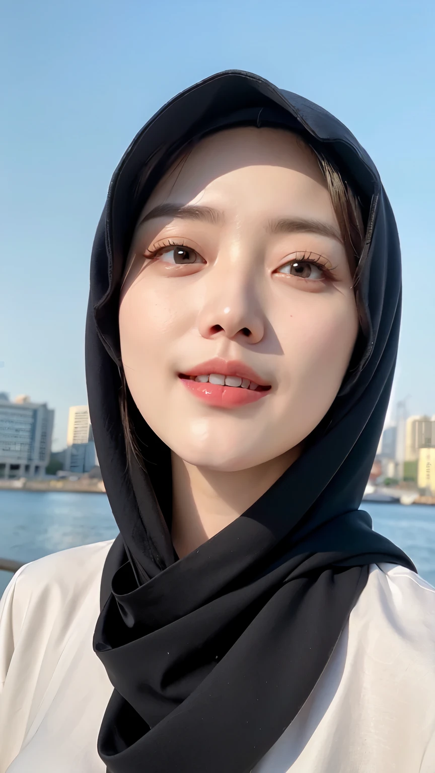 ((Best quality, 8k, Masterpiece :1.37)), (wear hijab girls), girls wear hijab, postion:standing, style model, (girls wearing hijab moslem), beautiful face, face bukkake, 18 years old girls, hair black, ultra detailed face, ultra detailed body, slim body, lips smile, Beautiful detailed eyes, eyes korean, detailed nose, Natural Lip, ((Lips Smile)), face smile, Wear hijab moslem, big breasts, fancy jubba thobbe, view of the blue sky, Slim Body, realistic face, backround people hijab