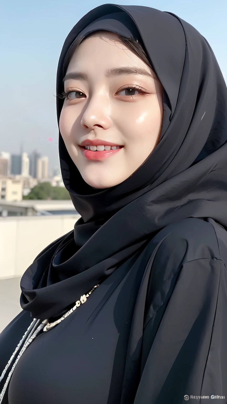 ((Best quality, 8k, Masterpiece :1.37)), (wear hijab girls), girls wear hijab, postion:standing, style model, (girls wearing hijab moslem), beautiful face, face bukkake, 18 years old girls, hair black, ultra detailed face, ultra detailed body, slim body, lips smile, Beautiful detailed eyes, eyes korean, detailed nose, Natural Lip, ((Lips Smile)), face smile, Wear hijab moslem, big breasts, fancy jubba thobbe, view of the blue sky, Slim Body, realistic face, backround people hijab