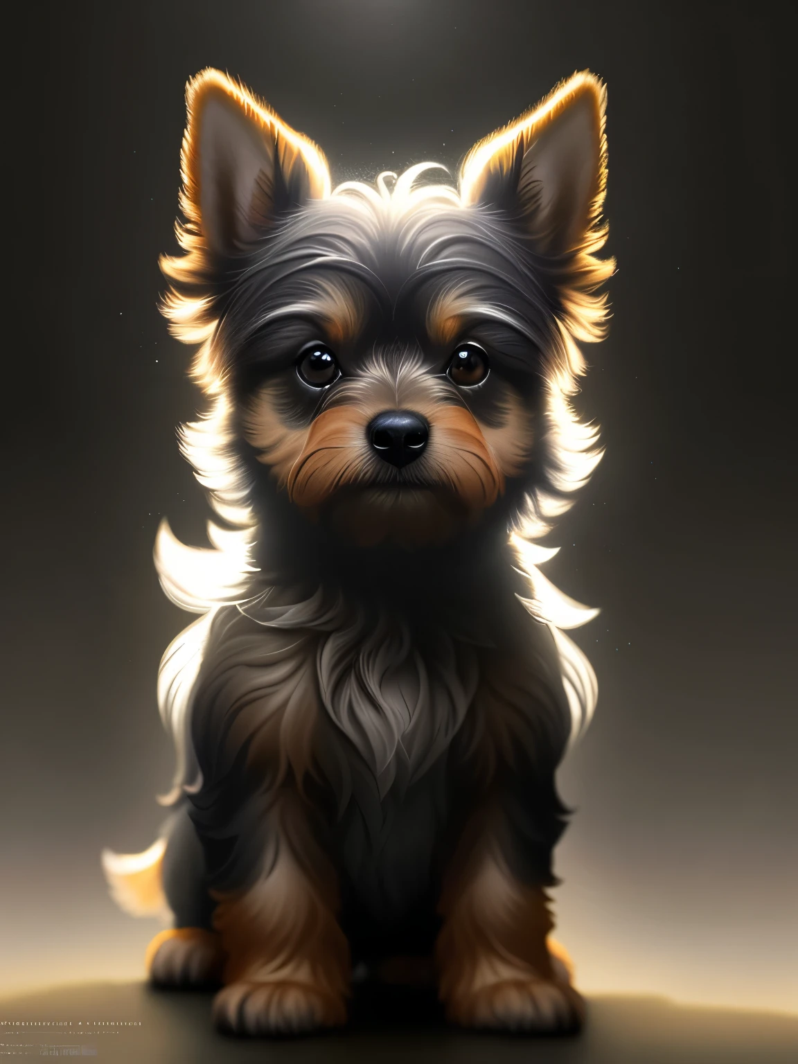Pintura em close de um cachorrinho yorkshire terrier, preto e castanho, com 06 anos de idade muito fofo na floresta, soft volumetric lights (backlight: 1.3), (kinematics: 1.2), detalhes intrincados (ArtStation: 1.3), Rutkowski