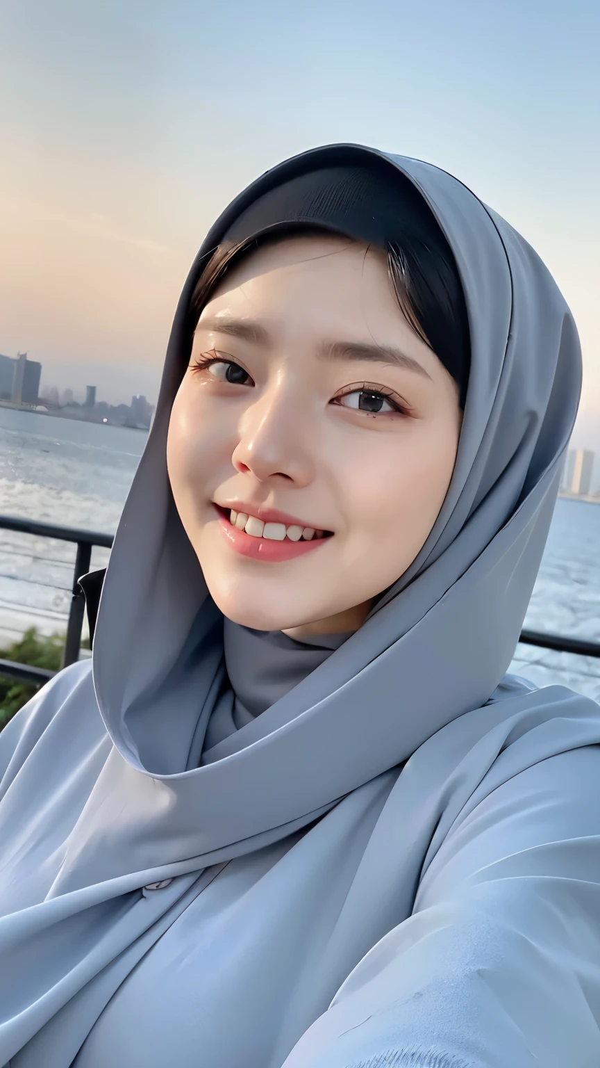 ((Best quality, 8k, Masterpiece :1.37)), (wear hijab girls), girls wear hijab, postion:standing, style model, (girls wearing hijab moslem), beautiful face, face bukkake, 18 years old girls, hair black, ultra detailed face, ultra detailed body, slim body, lips smile, Beautiful detailed eyes, eyes korean, detailed nose, Natural Lip, ((Lips Smile)), face smile, Wear hijab moslem, big breasts, fancy jubba thobbe, view of the blue sky, Slim Body, realistic face, backround people hijab