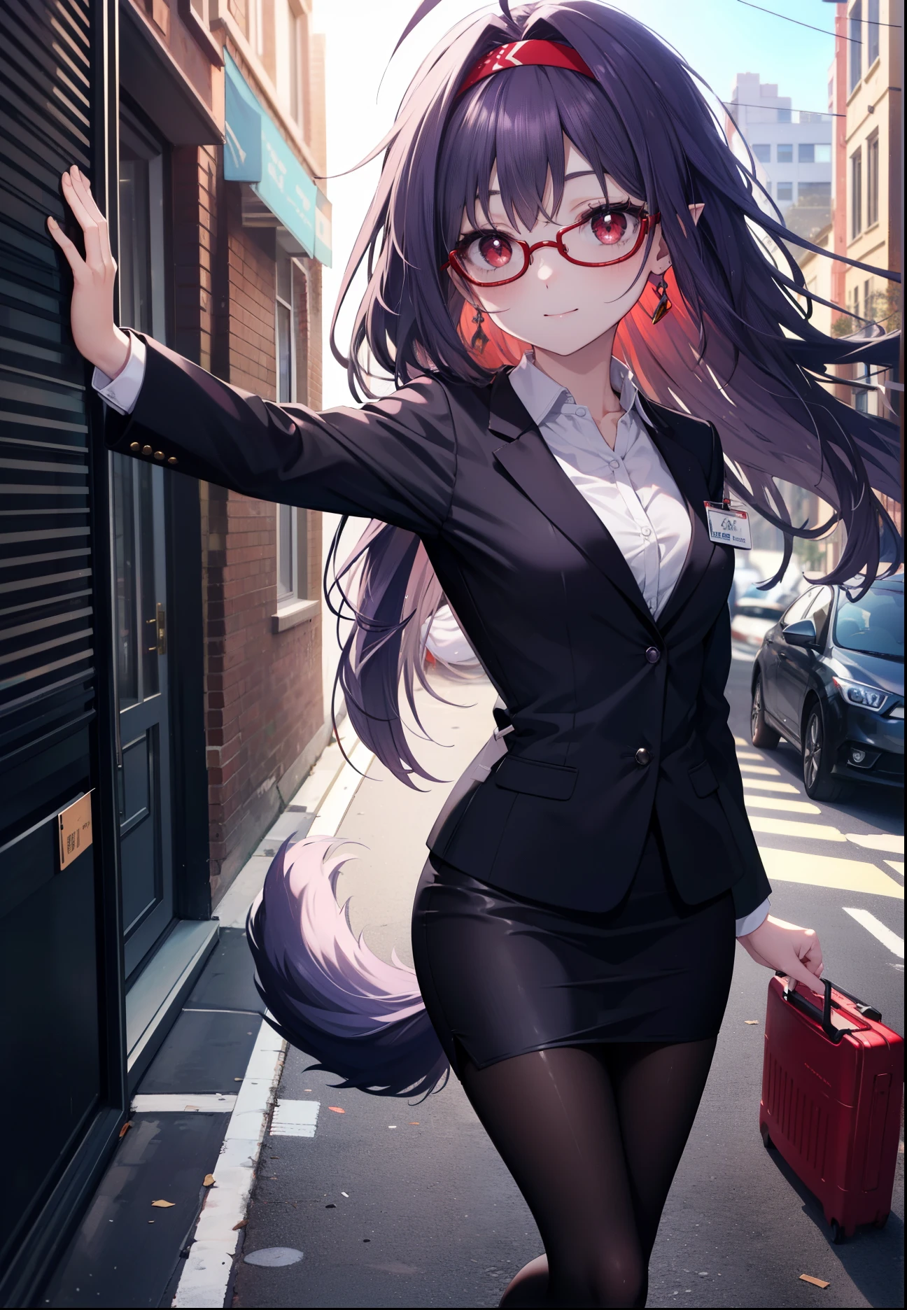 yuukikonno, Yuki Konno, hair band, long hair, pointed ears, purple hair, (red eyes:1.5), (small breasts:1.2), Ahoge,close your mouth,dog ears　dog tail,OL, red glasses, Fundo, black suit jacket, collared jacket, white dress shirt, collared shirt, neckline, button, strap, ID card on neck, black pencil skirt, black pantyhose, stiletto heels,Put your arms behind your back,smile, blush, morning,morning日
break looking at viewer, 上から見下ろす
break outdoors, In town,building street,
break (masterpiece:1.2), highest quality, High resolution, unity 8k wallpaper, (figure:0.8), (beautiful and fine eyes:1.6), highly detailed face, always detailed fingers,perfect lighting, Very detailed CG, (perfect hands, perfect anatomy),