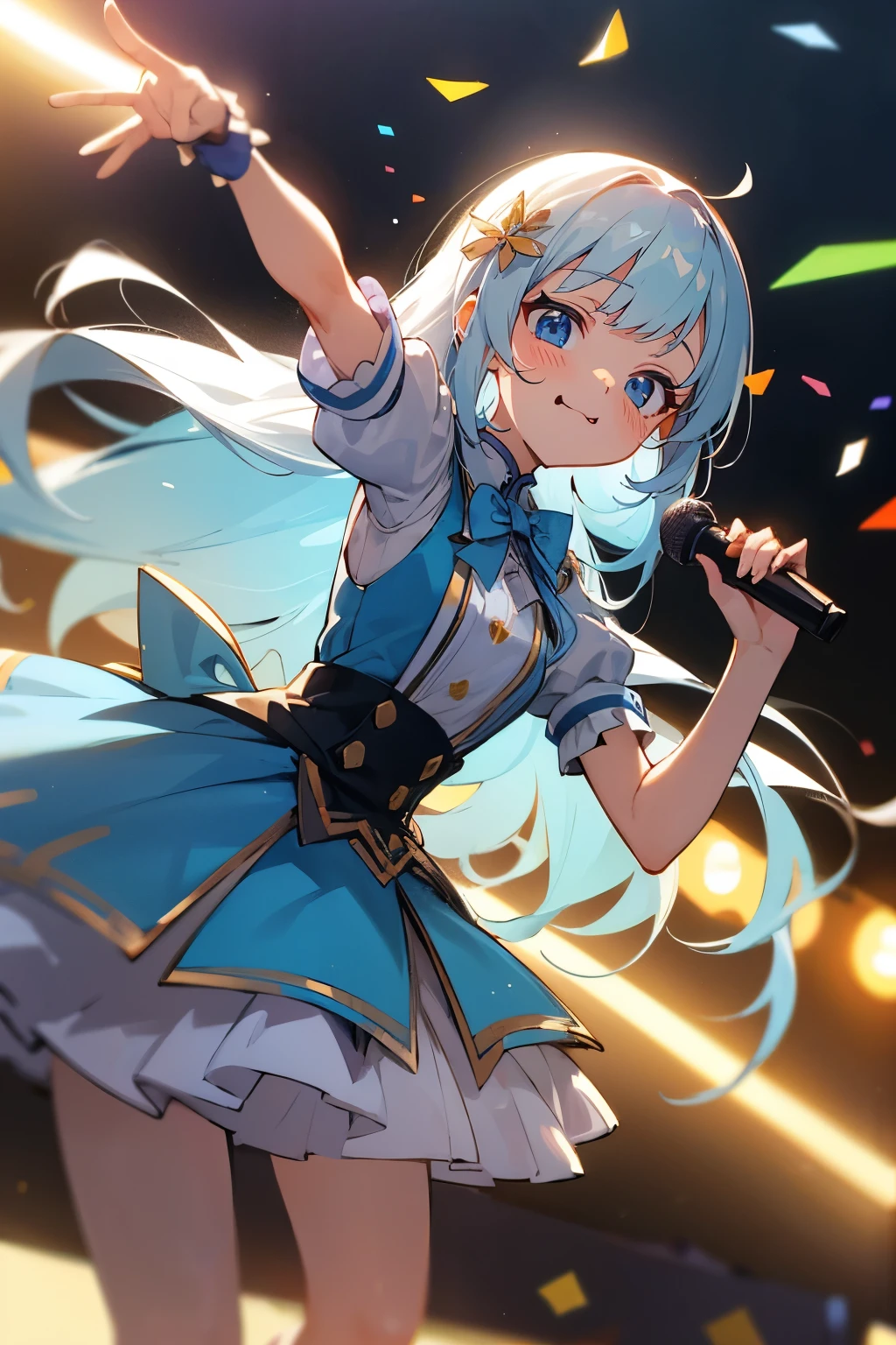 (muste piece), (best quality), very detailed, ((1 girl)), solo focus,Low - Angle,dynamic,jump,((A big smile)),wink,perfect face, beautiful face, very detailedな顔,(white long hair_light blue eyes:1.3),idol costume,solo idol,Ribbon hair ornament,concert dome,live,have a microphone,singing,smiling with mouth wide open,Laser Light,Spotlight,Lots of confetti