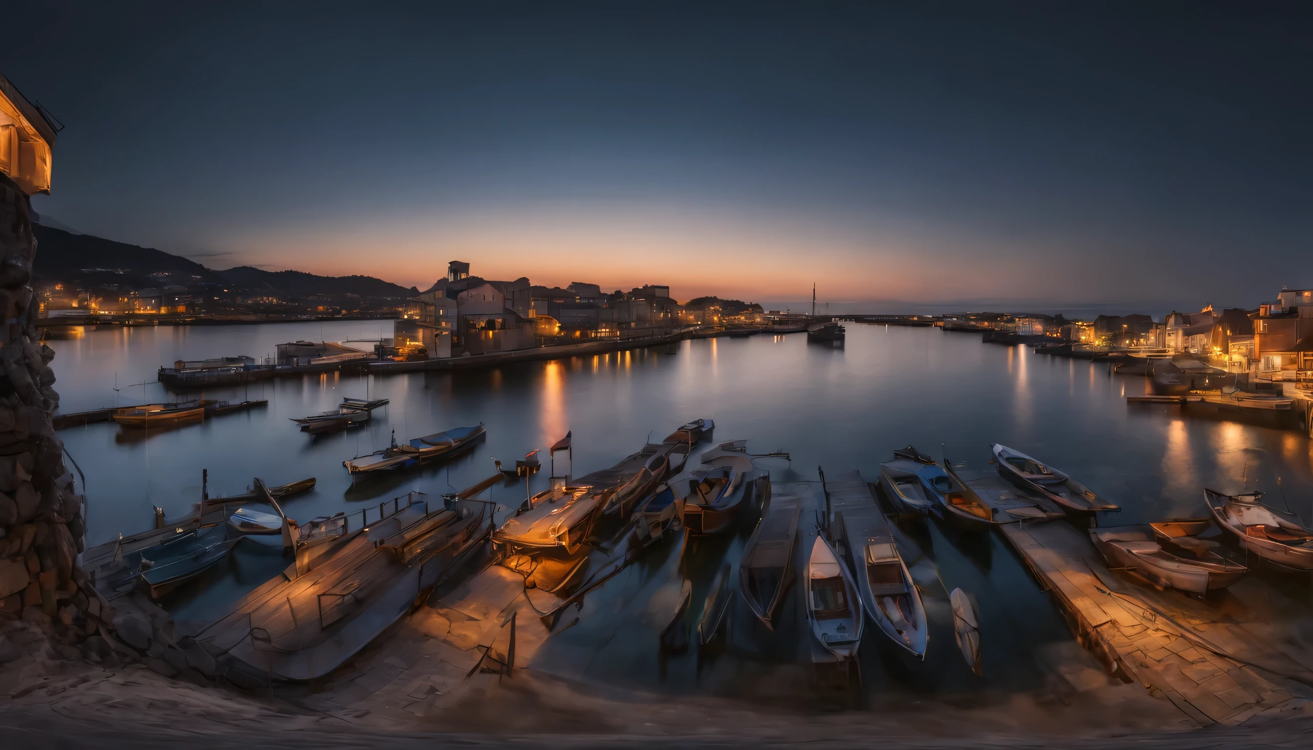 (masterpiece, professional photo:1.1), (8k, high resolution), (realistic), wide angle shot, little town near coast, sea oriented town, docks, (night time), (crescent moon:0.8), latern in the house, panoramic picture 