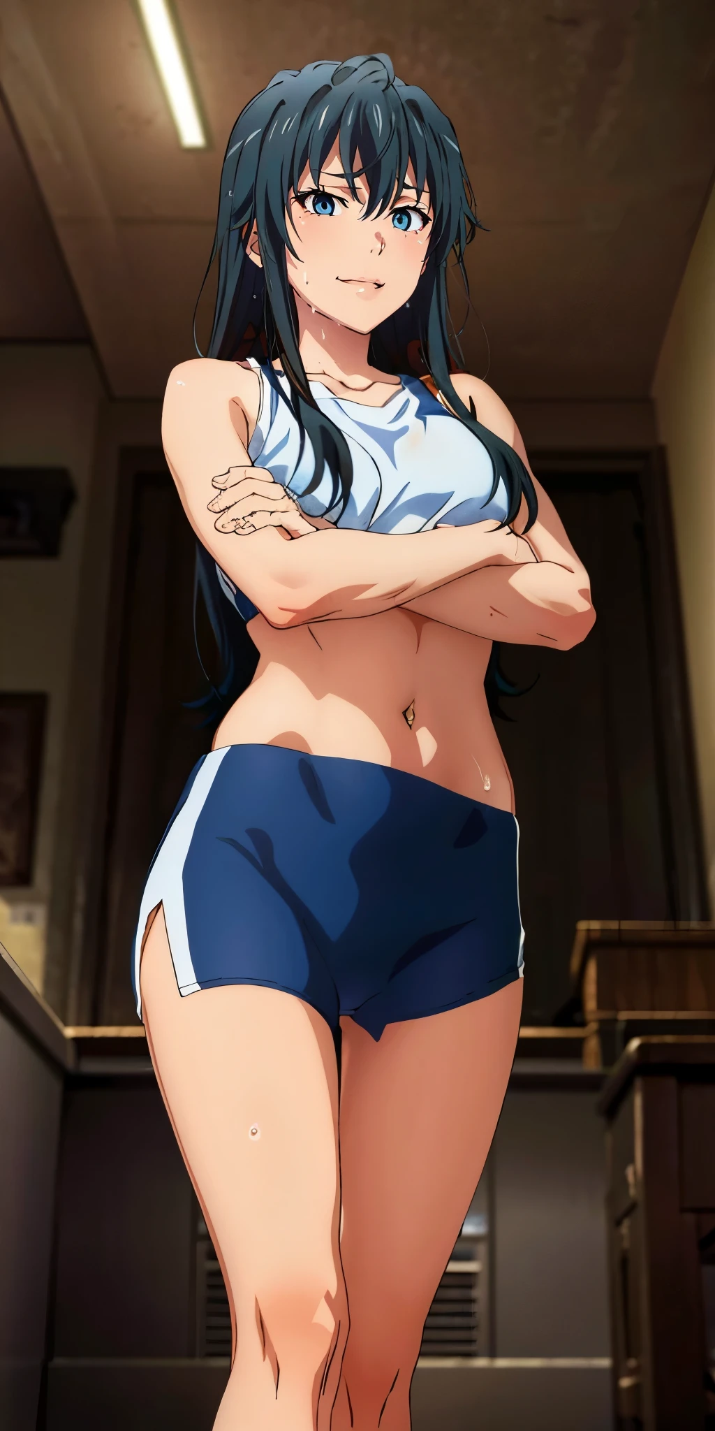 (yukinoshita_yukino:1.1), long hair, medium breast, 1girl, black hair, aqua eyes, sport wear, sweating, wet hair, hair over flowing, intense gaze, (athletic, energetic) figure, (determined, focused) expression, (graceful, agile) movements, from below, (dim, subdued) lighting, in-room, standing, crossed arms, navel, belly focus