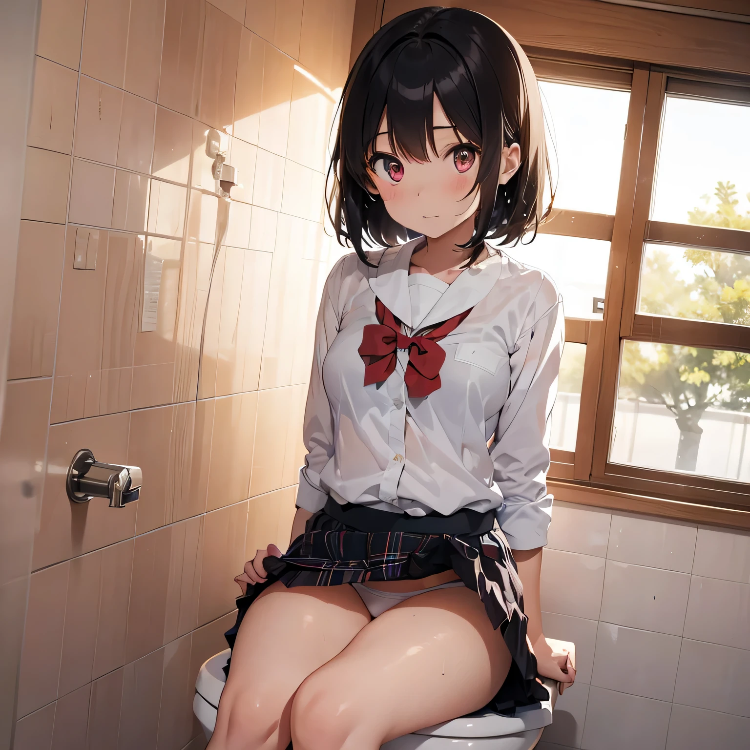 very beautiful Japanese woman, 18 years old, 1girl, very beautiful face, Japanese school uniform, wet white panty, red bowtie, (sitting on a toilet), white bathroom, plaid skirt, pleated skirt, black short hair, whole body, well-proportioned eyes, (very embarrassing panic face), detailed, 8k, natural light, professional lighting, masterpiece, top quality illustration, high resolution,