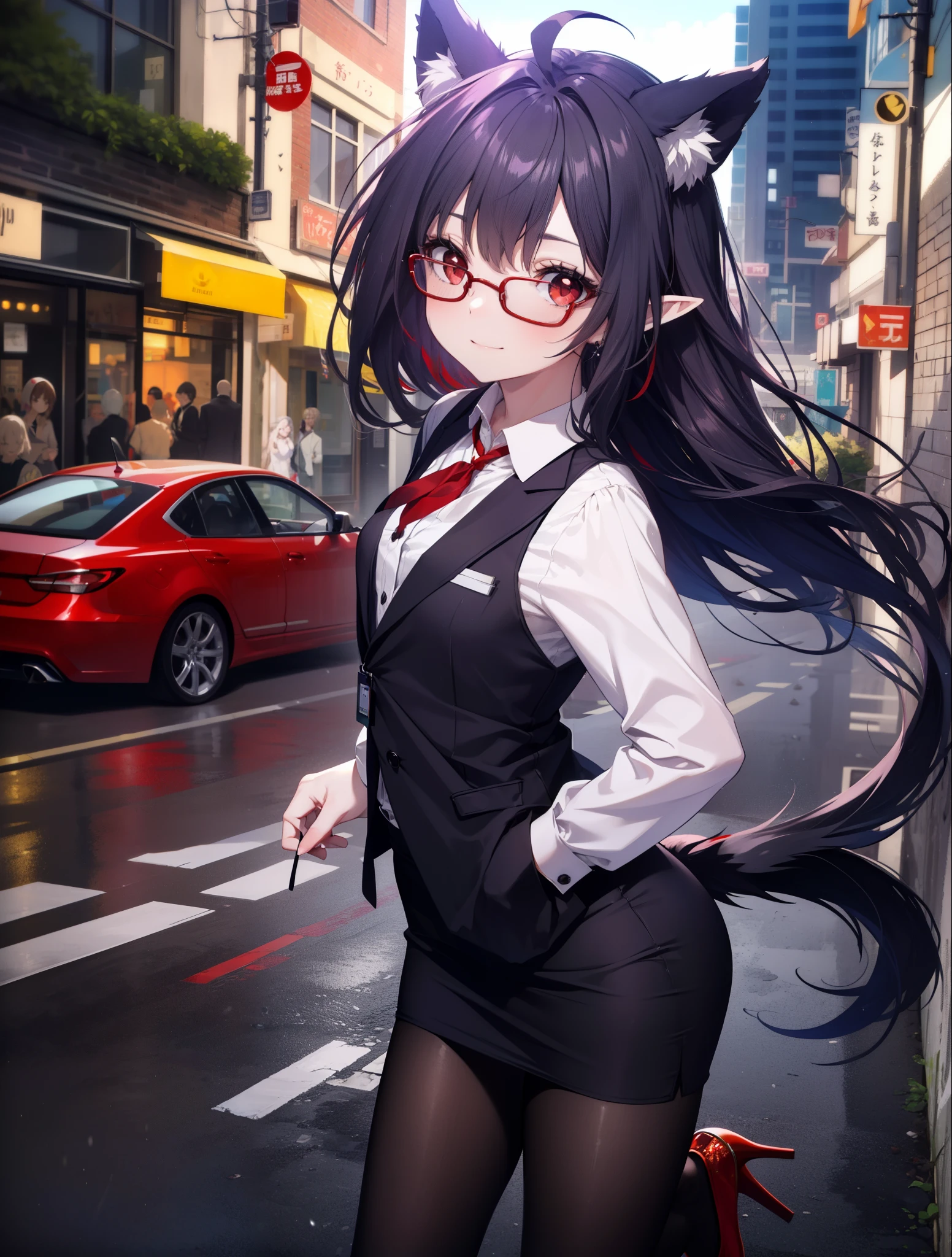 yuukikonno, Yuki Konno, hair band, long hair, pointy ears, purple hair, (red eyes:1.5), (small breasts:1.2), Ahoge,close your mouth,animal ears dog ears,animal tail dog tail,OL, red glasses, Fundo, black suit jacket, collared jacket, white dress shirt, collared shirt, neckline, button, strap, ID card on the neck, black pencil skirt, black pantyhose, stiletto heels,place your arms behind your back,smile, blush, morning,morning日
break looking at viewer, 上から見下ろす
break outdoors, city,building street,
break (masterpiece:1.2), highest quality, High resolution, unity 8k wallpaper, (shape:0.8), (beautiful and detailed eyes:1.6), highly detailed face, always fine fingers,perfect lighting, Very detailed CG, (perfect hands, perfect anatomy),