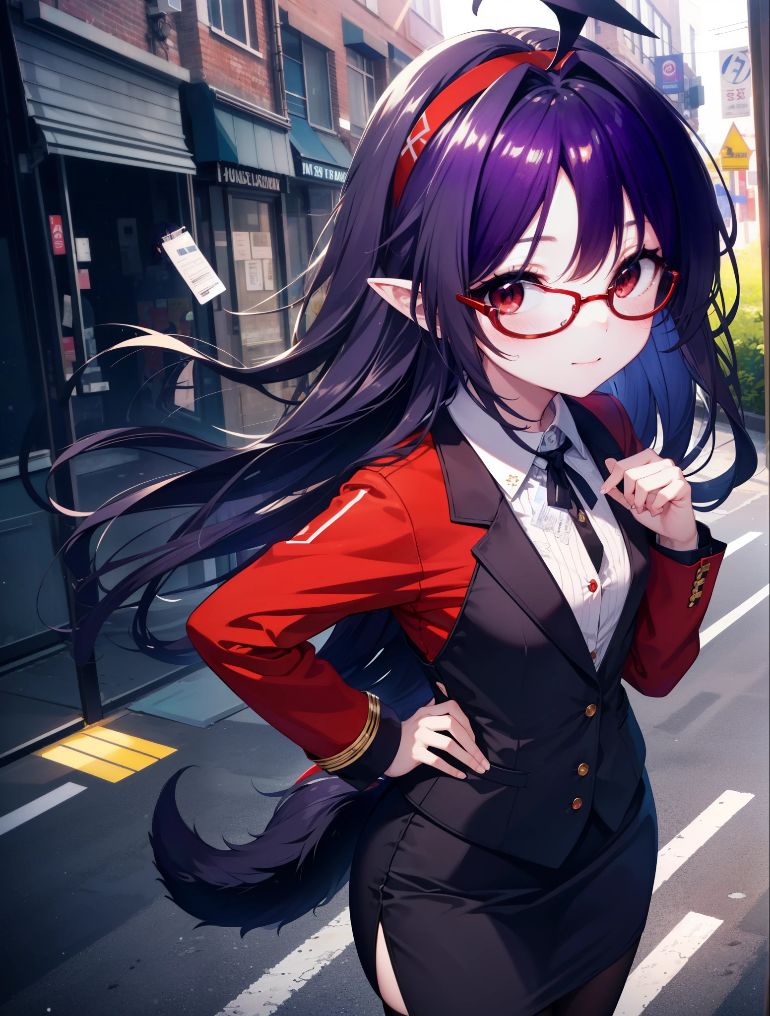 yuukikonno, Yuki Konno, hair band, long hair, pointy ears, purple hair, (red eyes:1.5), (small breasts:1.2), Ahoge,close your mouth,animal ears dog ears,animal tail dog tail,OL, red glasses, Fundo, black suit jacket, collared jacket, white dress shirt, collared shirt, neckline, button, strap, ID card on the neck, black pencil skirt, black pantyhose, stiletto heels,place your arms behind your back,smile, blush, morning,morning日
break looking at viewer, 上から見下ろす
break outdoors, city,building street,
break (masterpiece:1.2), highest quality, High resolution, unity 8k wallpaper, (shape:0.8), (beautiful and detailed eyes:1.6), highly detailed face, always fine fingers,perfect lighting, Very detailed CG, (perfect hands, perfect anatomy),