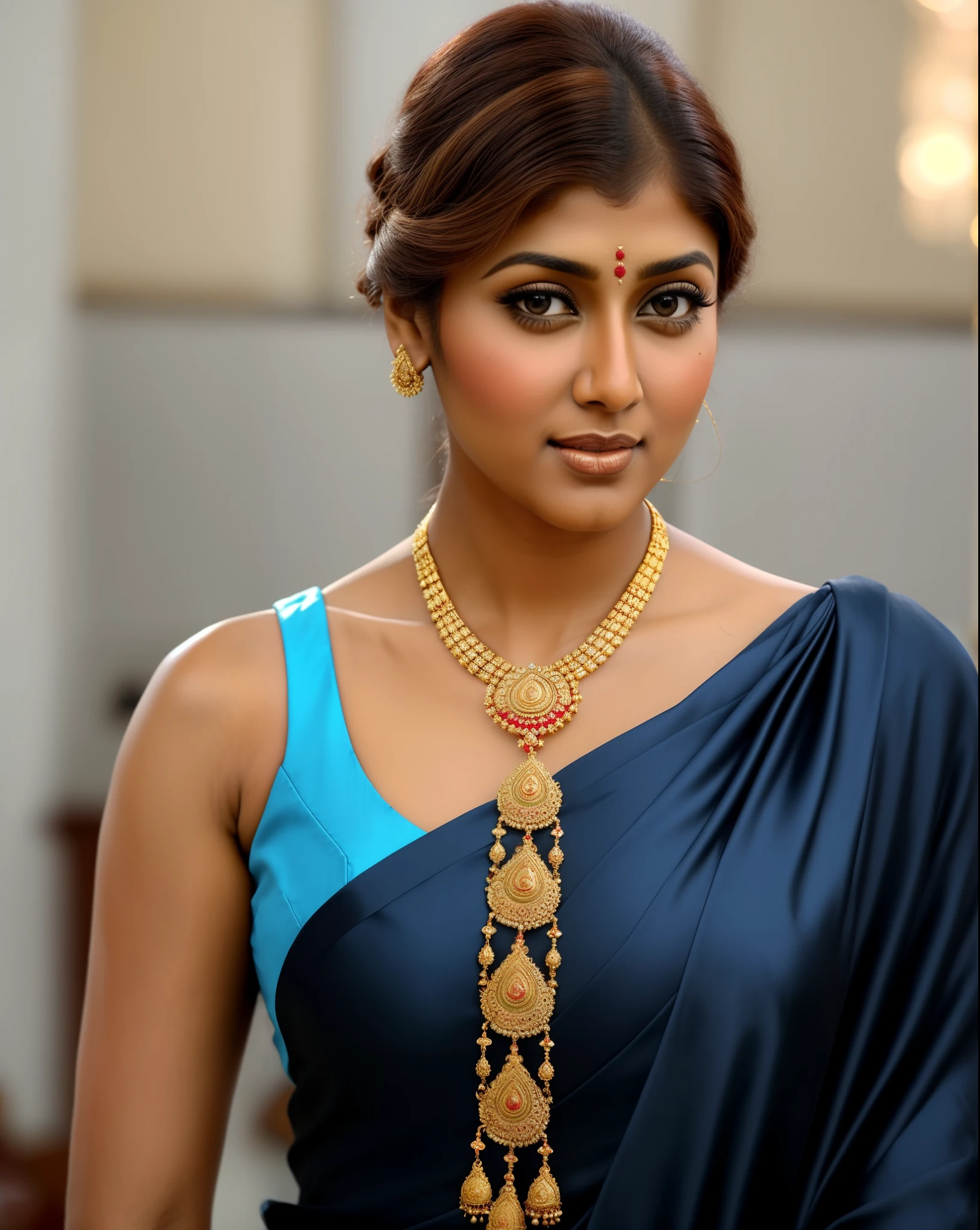 Looks like Nayanthara, a close up of a woman in a red dress with a gold necklace, wearing gold jewellery, traditional beauty, heavy gold jewellery, wearing elegant jewellery, indian super model, indian goddess, gorgeous woman, beautiful female model, indian style, very beautiful woman, indian, golden jewellery, intricate thin details in gold, gorgeous beautiful woman, indian empress