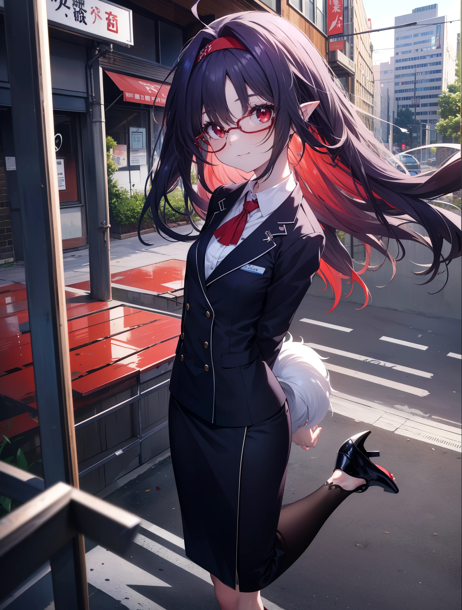 yuukikonno, Yuki Konno, hair band, long hair, pointy ears, purple hair, (red eyes:1.5), (small breasts:1.2), Ahoge,close your mouth,animal ears dog ears,animal tail dog tail,OL, red glasses, Fundo, black suit jacket, collared jacket, white dress shirt, collared shirt, neckline, button, strap, ID card on the neck, black pencil skirt, black pantyhose, stiletto heels,place your arms behind your back,smile, blush, morning,morning日
break looking at viewer, 上から見下ろす
break outdoors, city,building street,
break (masterpiece:1.2), highest quality, High resolution, unity 8k wallpaper, (shape:0.8), (beautiful and detailed eyes:1.6), highly detailed face, always fine fingers,perfect lighting, Very detailed CG, (perfect hands, perfect anatomy),