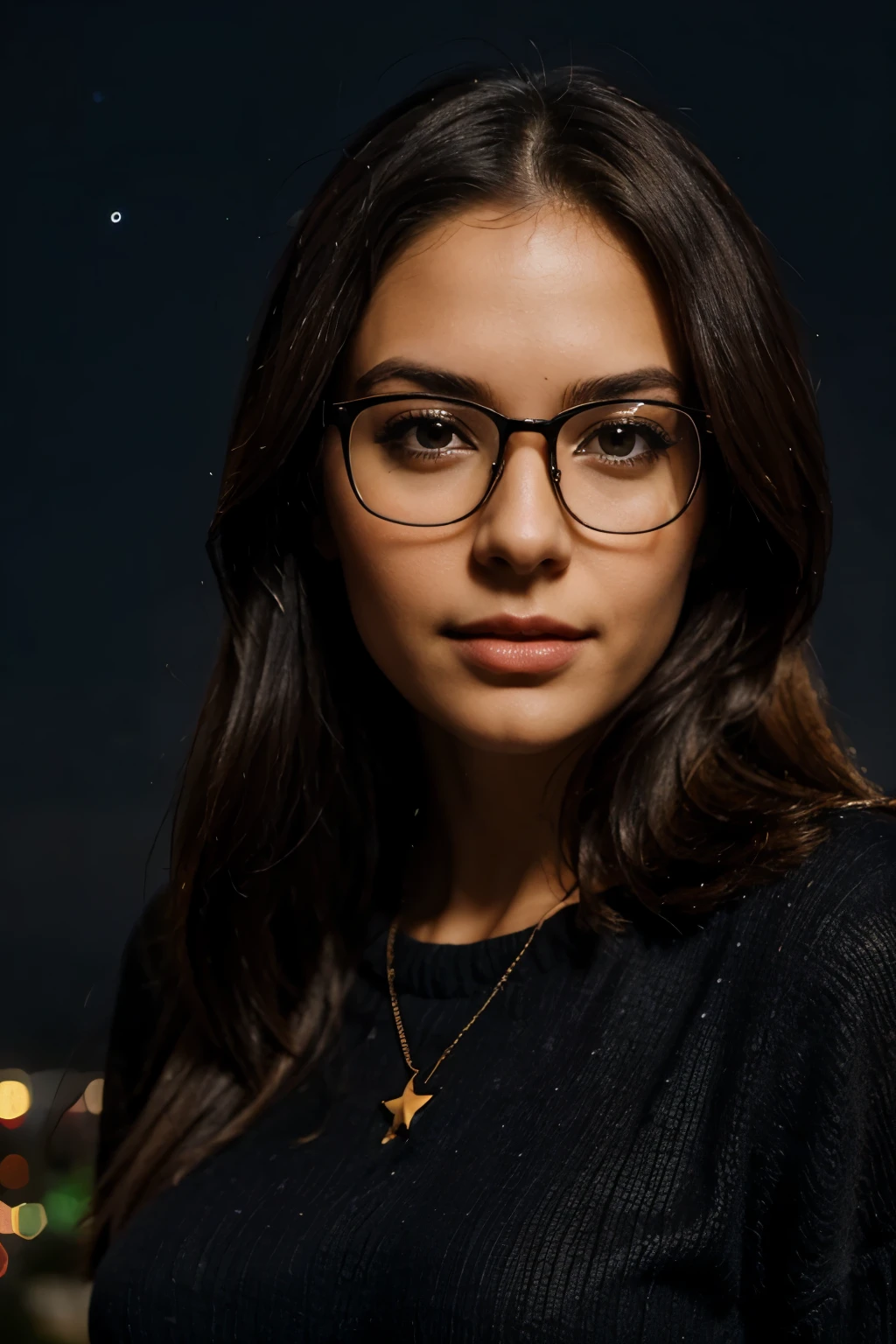 Photo of a beautiful woman with glasses, high quality, best resolution, night, stars