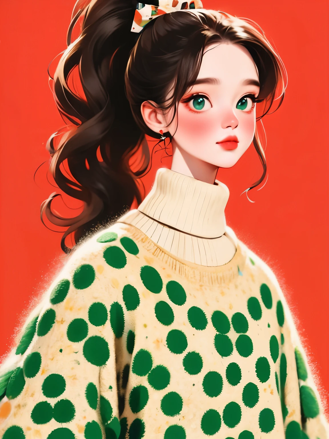 (masterpiece, best quality:1.2),flower arrangement art，watercolor painting，black irregular lines，a beautiful girl，Skin detail processing，The eyes are finely described，Delicate hair，ponytail，black high-neck sweater，White geometric pattern，Sweater details，hairy，Warm，Retro contrasting colors，flower brooch，clean background，green，blue，red，
