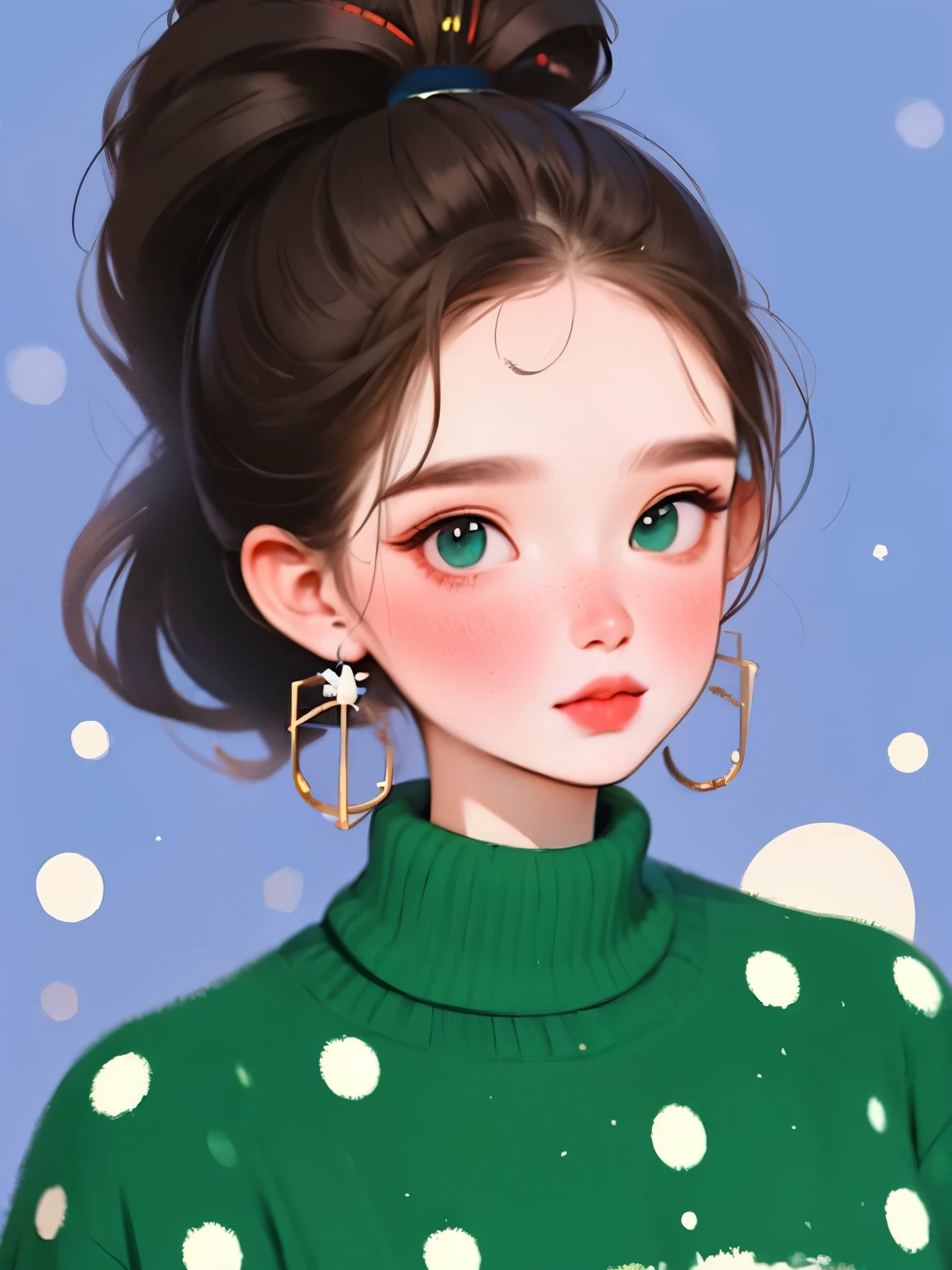 (masterpiece, best quality:1.2),flower arrangement art，watercolor painting，black irregular lines，a beautiful girl，Skin detail processing，The eyes are finely described，Delicate hair，ponytail，black high-neck sweater，White geometric pattern，Sweater details，hairy，Warm，Retro contrasting colors，flower brooch，clean background，green，blue，red，
