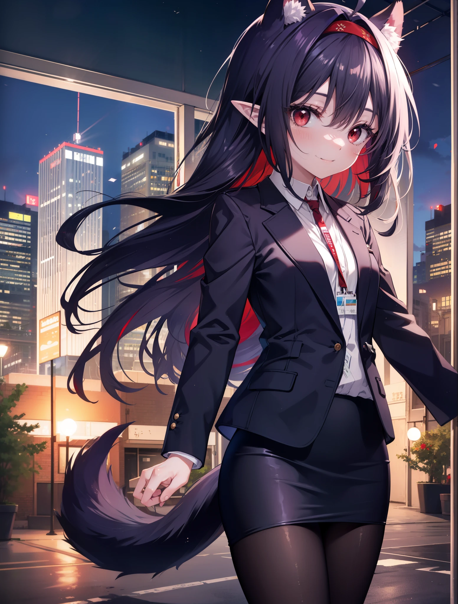 yuukikonno, Yuki Konno, hair band, long hair, pointy ears, purple hair, (red eyes:1.5), (small breasts:1.2), Ahoge,close your mouth,animal ears dog ears,animal tail dog tail,OL, red glasses, Fundo, black suit jacket, collared jacket, white dress shirt, collared shirt, neckline, button, strap, ID card on the neck, black pencil skirt, black pantyhose, stiletto heels,place your arms behind your back,smile, blush, morning,morning日
break looking at viewer, 上から見下ろす
break outdoors, city,building street,
break (masterpiece:1.2), highest quality, High resolution, unity 8k wallpaper, (shape:0.8), (beautiful and detailed eyes:1.6), highly detailed face, always fine fingers,perfect lighting, Very detailed CG, (perfect hands, perfect anatomy),