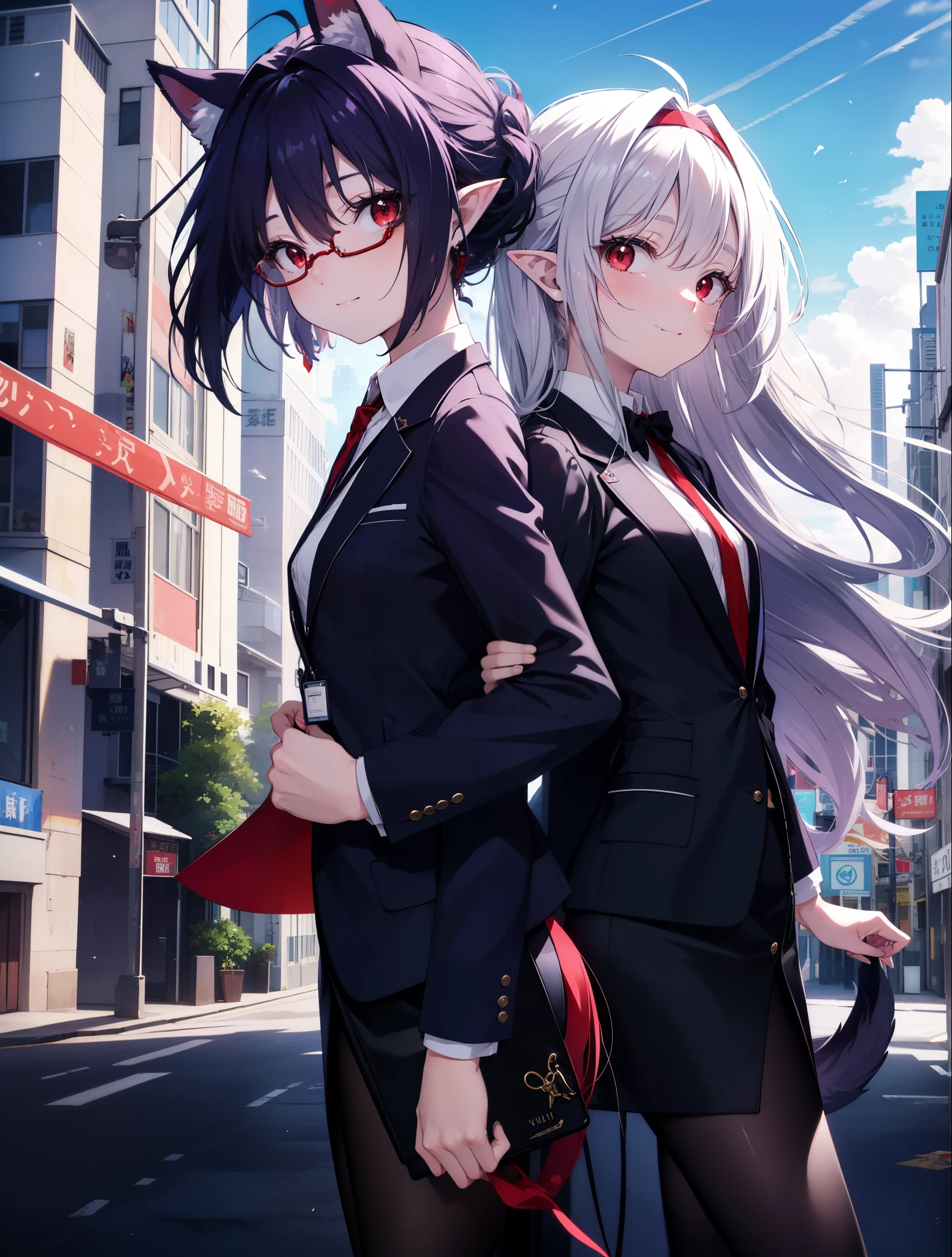 yuukikonno, Yuki Konno, hair band, long hair, pointy ears, purple hair, (red eyes:1.5), (small breasts:1.2), Ahoge,close your mouth,animal ears　dog ears,animal tail　dog tail,OL, red glasses, Fundo, black suit jacket, collared jacket, white dress shirt, collared shirt, neckline, button, strap, ID card on the neck, black pencil skirt, black pantyhose, stiletto heels,place your arms behind your back,smile, blush, morning,morning日
break looking at viewer, 上から見下ろす
break outdoors, city,building street,
break (masterpiece:1.2), highest quality, High resolution, unity 8k wallpaper, (shape:0.8), (beautiful and detailed eyes:1.6), highly detailed face, always fine fingers,perfect lighting, Very detailed CG, (perfect hands, perfect anatomy),