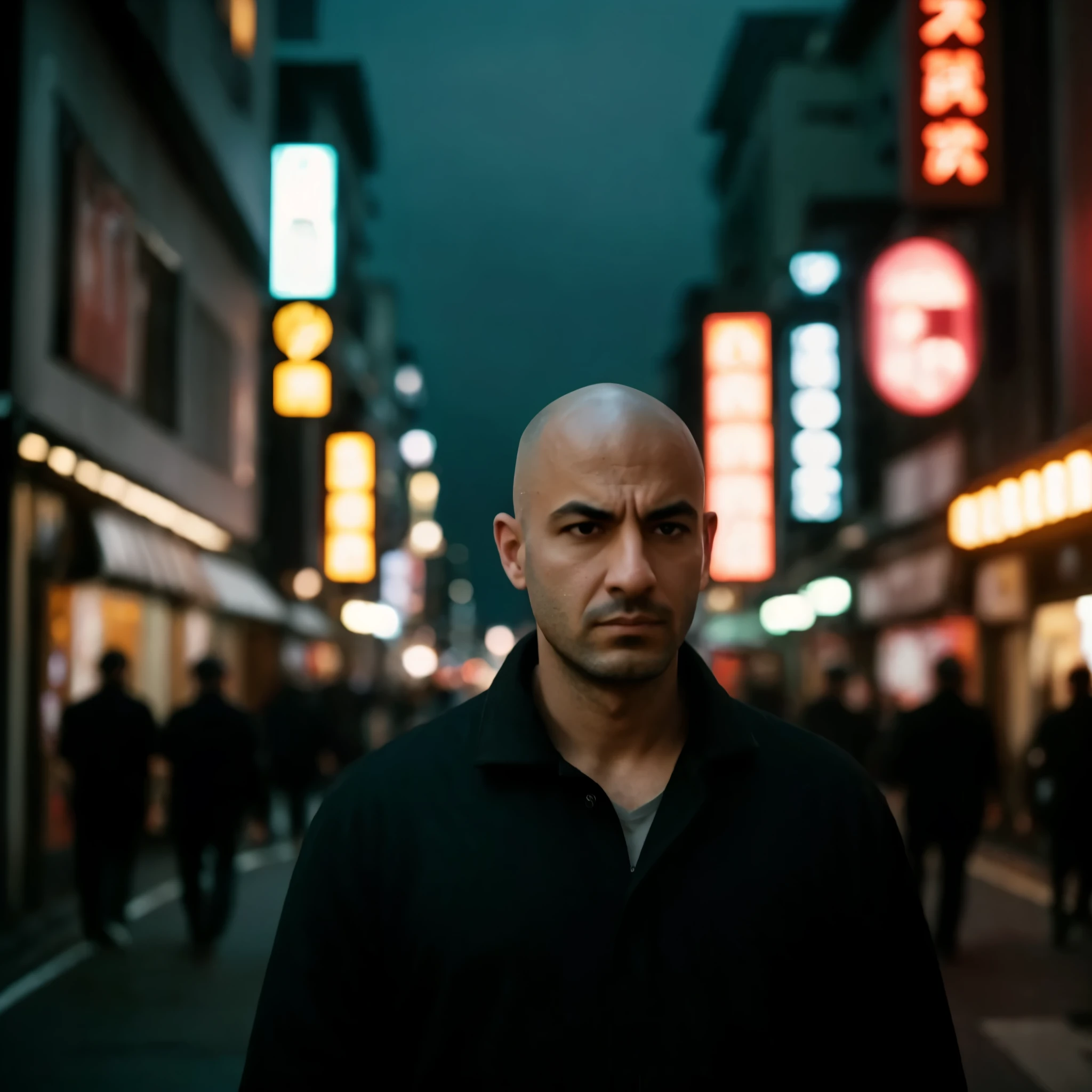 arafed man in a black shirt standing in a city street, man walking through city, portrait featured on unsplash, standing in a city street, human staring blankly ahead, a man wearing a black jacket, mid shot portrait, sad man, portrait of bald, in a tokyo street, bald head and menacing look, cinematic portrait, buzz cut