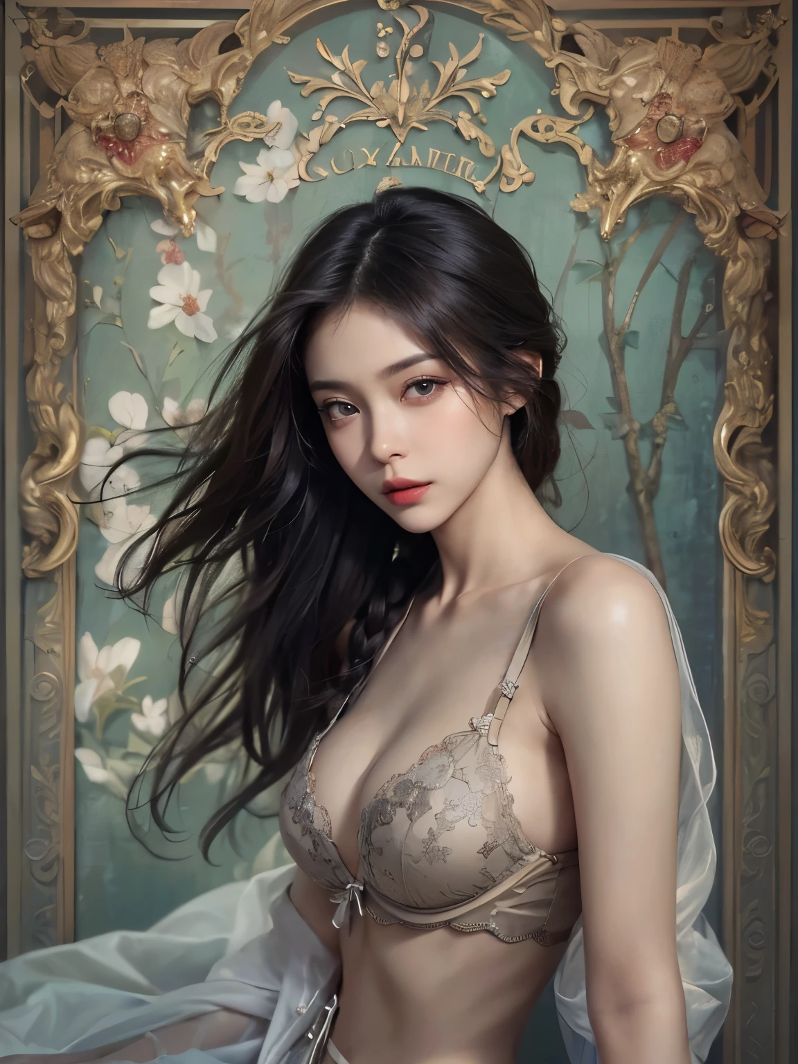 (best quality color photo of a mysterious beautiful woman in luxury lingerie on a fashion magazine cover, haute couture fashion shoot:1.3),(An extremely delicate and beautiful work:1.2), elegant pose, glamorous fashion pose, (the divine light) simple background, art nouveau, focus on art nouveau suit, luxury fashion,(she is the embodiment of beauty and allure, asian beauty, asian actress), (very delicate lace lingerie, sexy lingerie, elegant and sophisticated fashion, her flowing hair cascades gracefully, perfectly complemented by tasteful and elegant makeup:1.2), black hair, detailed face, looking at viewer, detailed eyes, black eyes, lustrous lips ,cleavage, (large breasts:1.3), nipple ,(camel toe:1.2), skinny physique, beautiful figure, Perfect female body, Gentle and enigmatic expression, High color saturation, surrealism , (best quality, masterpiece, ultra detailed, ultra high res, photorealistic, raw photo, absurdres, absolutely resolution:1.4),
