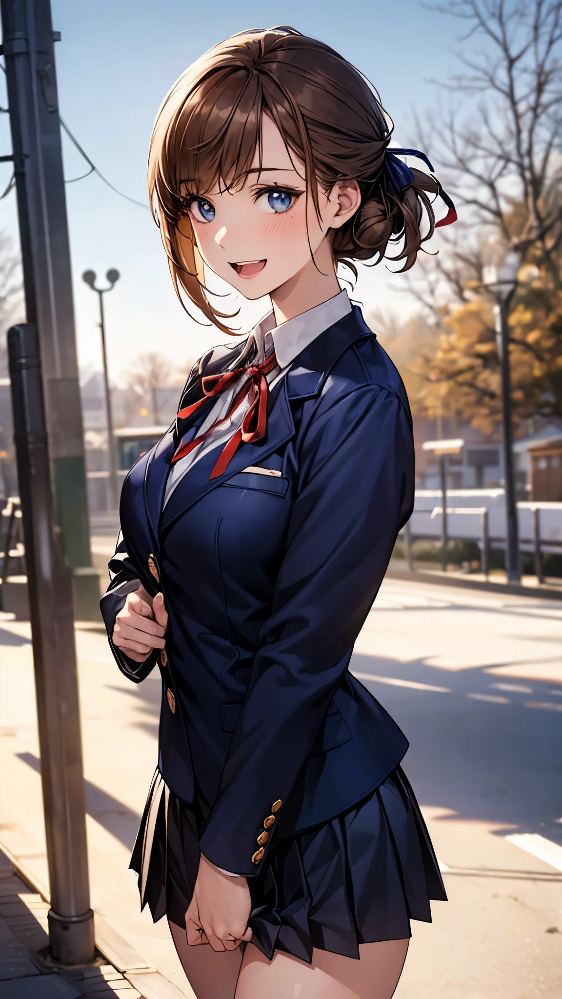 (masterpiece:1.2, top-quality), (realistic, photorealistic:1.4), beautiful illustration, (natural side lighting, movie lighting), nsfw,
looking at viewer, face focus, upper body, 1 girl, japanese, high school girl, perfect face, cute and symmetrical face, shiny skin,
(short hair:1.2, half updo:1.2, light brown hair), asymmetrical bangs, blue eyes, drooping eyes, long eye lasher, (medium breasts), slender,
beautiful hair, beautiful face, beautiful detailed eyes, beautiful clavicle, beautiful body, beautiful chest, beautiful thigh, beautiful legs, beautiful fingers,
((detailed cloth texture, long sleeves navy blue school doubles blazer, white collared shirts, navy blue pleated mini skirt, red neck ribbon)),
(beautiful scenery), winter, evening, (outdoors), walking, (lovely smile, open mouth),