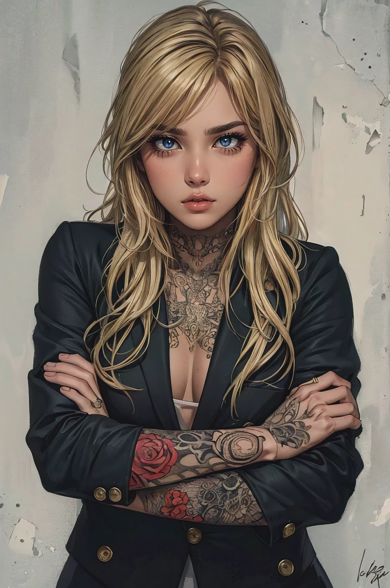 (best quality,4k,highres,masterpiece:1.2),ultra-detailed,realistic,photorealistic:1.37,Junji ito manga style,dramatic pose,very detailed,intricate,blonde tattooed businesswoman,intense look,colorful lighting