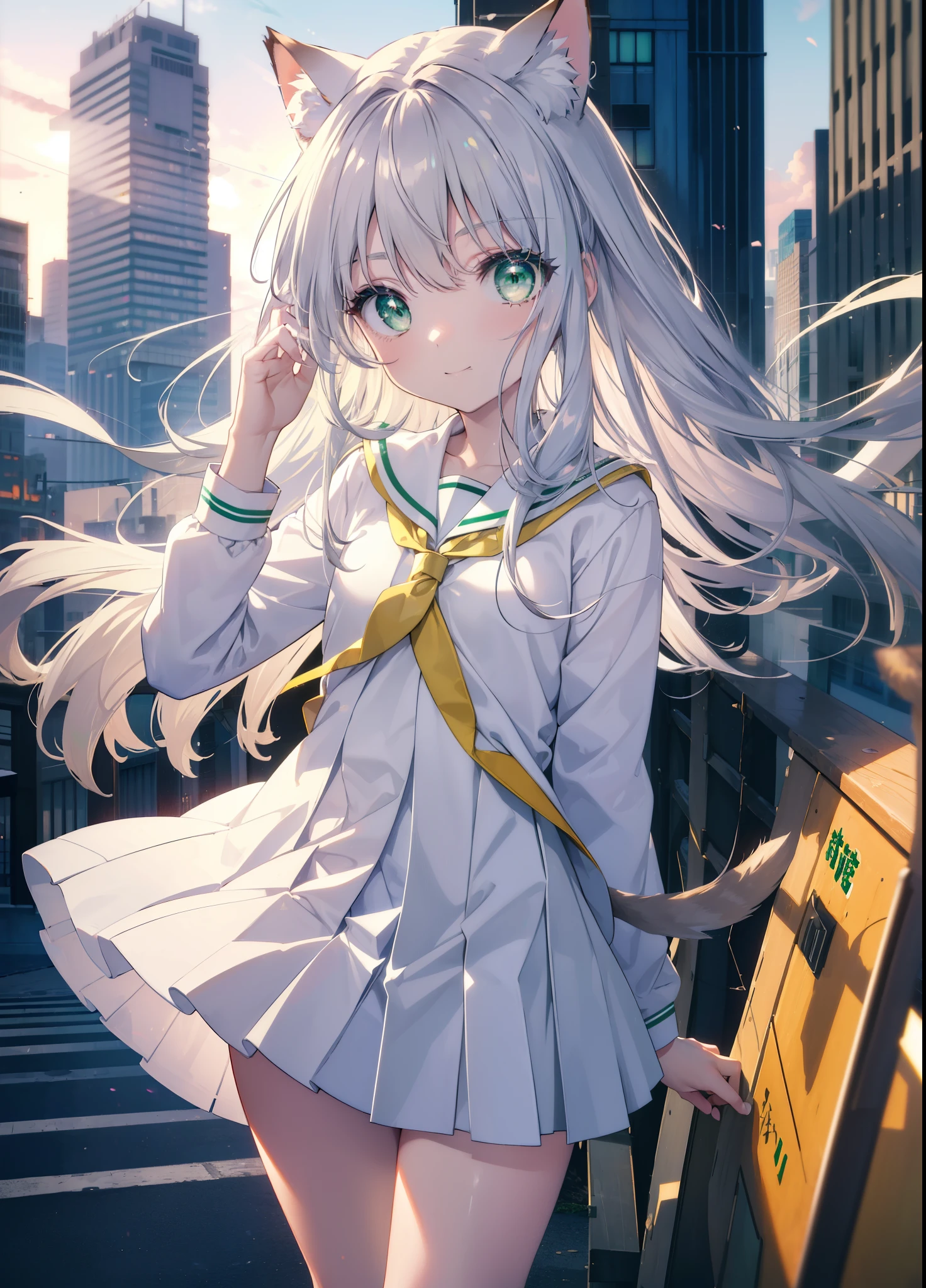 index, index, (green eyes:1.5), silver hair, long hair, (flat chest:1.2),smile,animal ears 　Brown cat ears,Animal tail　brown cat tail,Japanese high school girl uniform(sailor suit)white cardigan,blue pleated skirt,short white socks,brown loafers,city,building street,
break looking at viewer, Upper body, whole body,
break outdoors, city,
break (masterpiece:1.2), highest quality, High resolution, unity 8k wallpaper, (shape:0.8), (beautiful and detailed eyes:1.6), highly detailed face, perfect lighting, Very detailed CG, (perfect hands, perfect ???????),