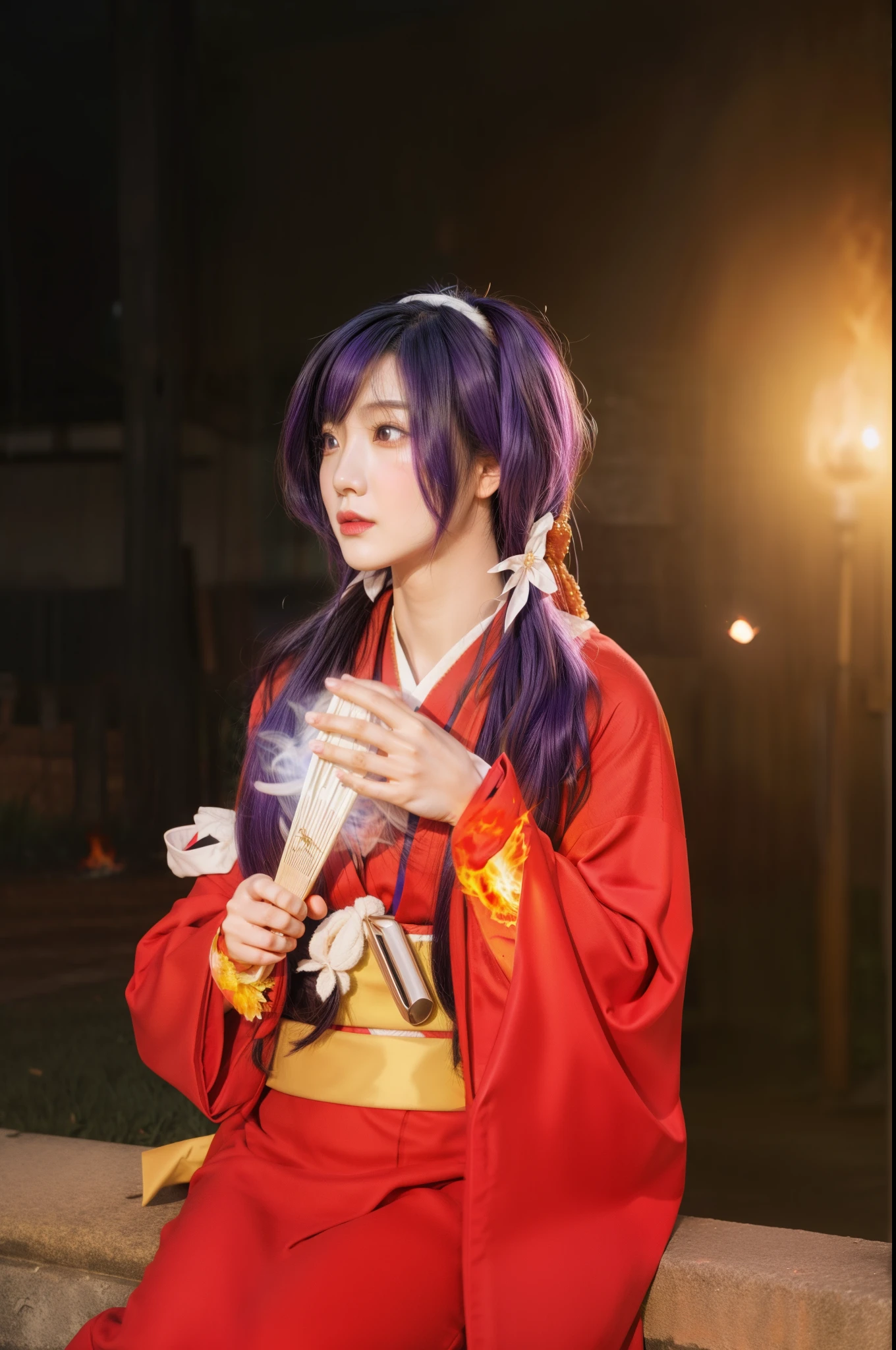 ((Asian girl)), Girl wearing red kimono, sitting on a stone platform in the park, holding a white fan in both hands, anime girl cosplay, cosplay, the sorceress casting a fireball, casting a fire spell, fire spell, professional cosplay, 4K, realistic texture, photorealistic:1.6, photo raw:1.66, high-quality, ultra quality:2, super realistic:2, ((real hair:1.633)), ((perfect face)),  REAL SKIN:1.62, (purple hair:1.163)
