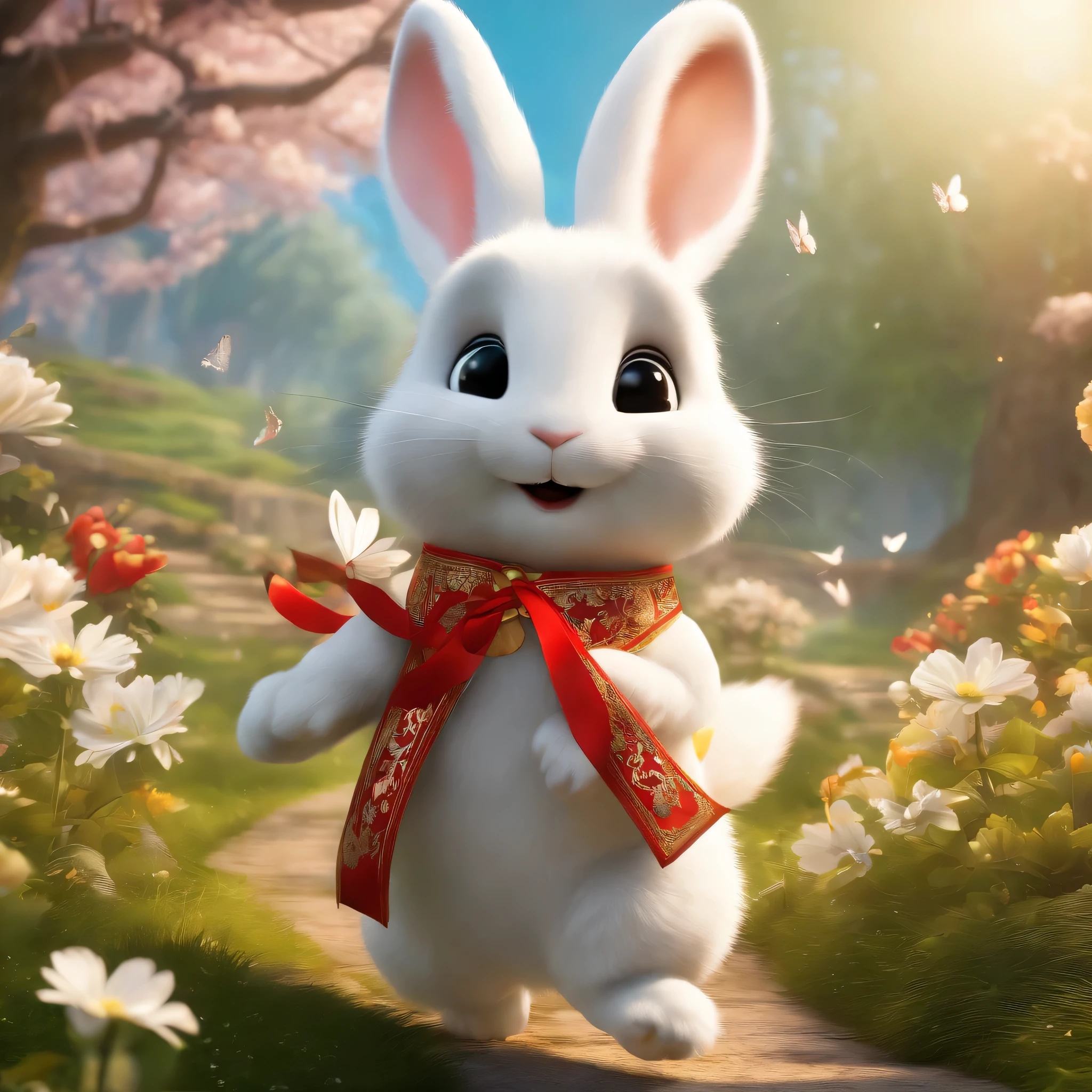 Anthropomorphic cute little white rabbit dragging Spring Festival couplets to make a wish, Spring Festival theme, (Extremely detailed CG unified 16K wallpaper:1.1), (Denoise intensity: 1.45), (masterpiece:1.37), Butterflies flying, full moon, divine light, Ray tracing, ultra high definition, Award-winning