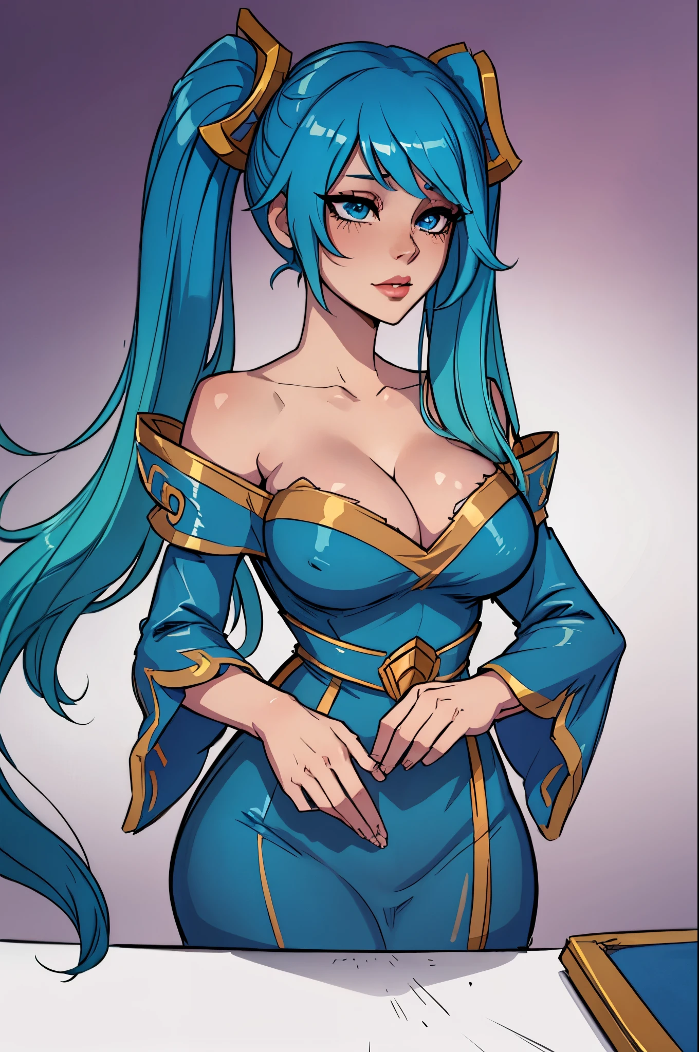 masterpiece, best quality, 1girl, Sona \(league of legends\), blue hair, blue eyes, gradient hair, collarbone, twintails, hair ornament, long hair, blue dress, breasts, close-up, portrait