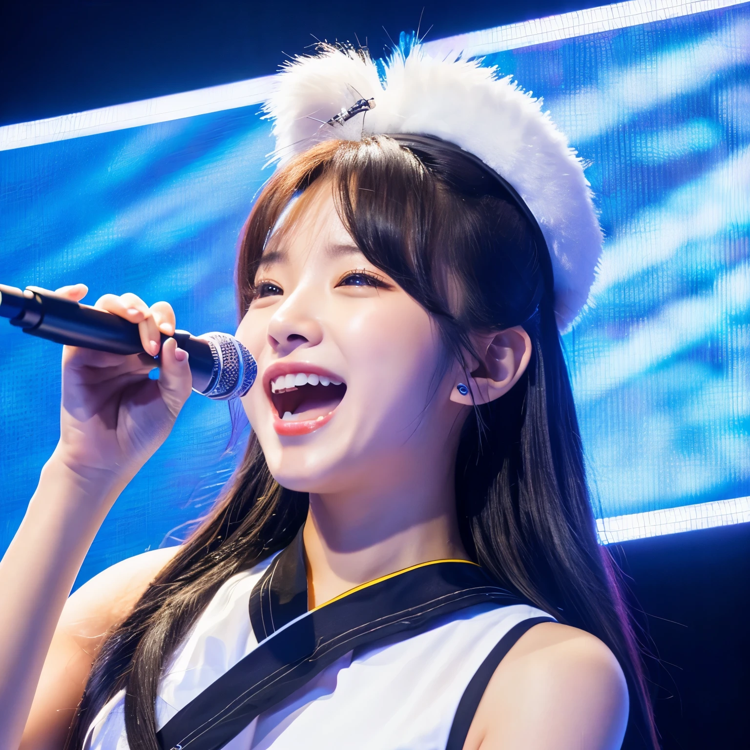 Cute girl, holding microphone, singing loud, beautiful white teeth