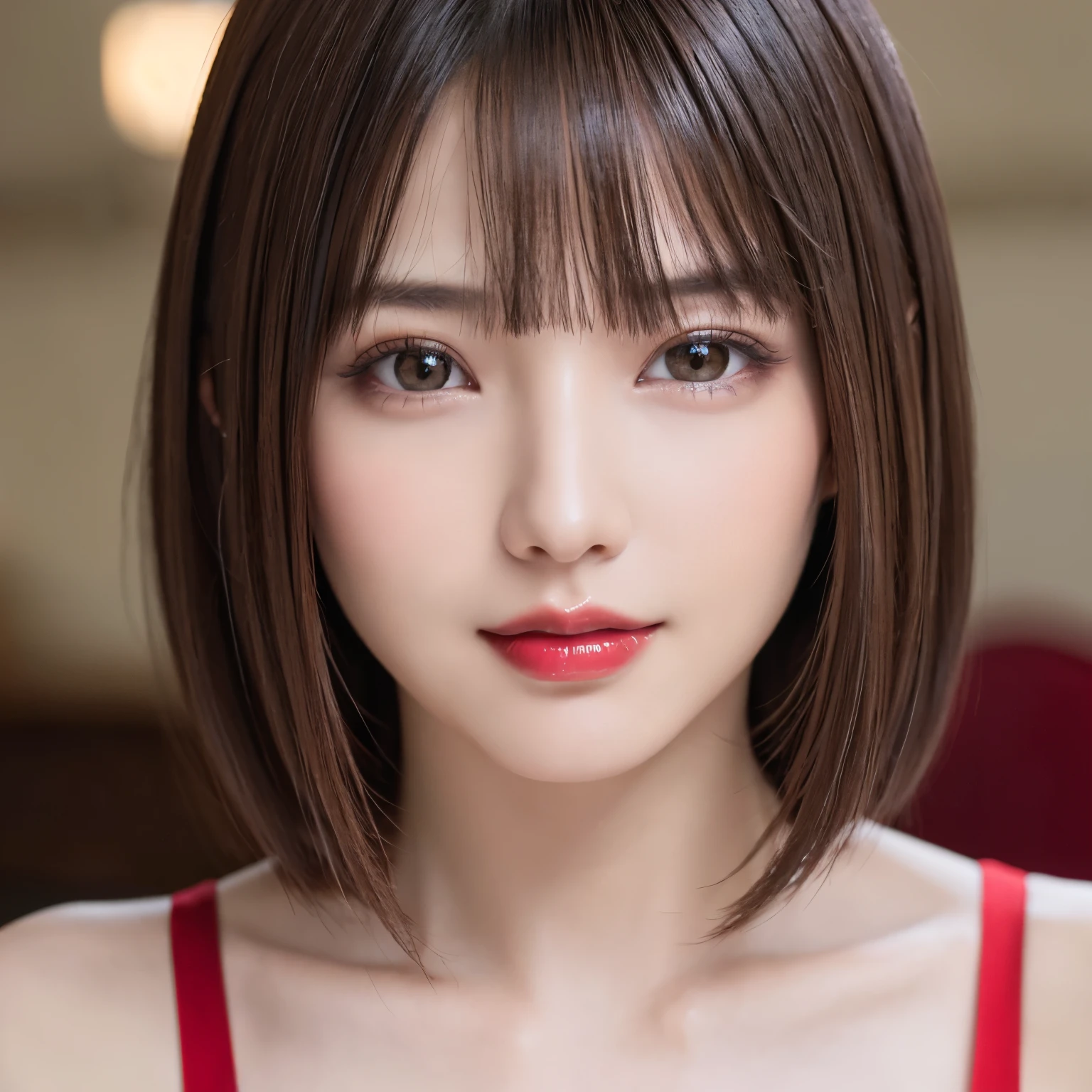 (highest quality、table top、8K、best image quality、Award-winning work)、(1 young girl, 14 years old:1.3)、(Perfect V-neck red long knit sweater:1.2)、(red eyeshadow:1.2)、perfect makeup、long eyelashes、Super high-definition sparkling eyes、ultra high definition hair、ultra high resolution glossy lips、Super high resolution perfect teeth、Super high resolution cute face、brown hair、(very short straight hair:1.1)、look at me and smile、[clavicle]、accurate anatomy、(close up of face:1.5)、Luxury love hotel、(The most moody warm lighting:1.2)、blurred background、With bangs、Super high-resolution glossy and moisturized face、Super high resolution glowing fair skin、most detailed face、Ultra high resolution detailed faces、super high resolution hair、Super high resolution sparkling eyes、Beautiful face drawn in great detail、Super high resolution glossy red lips