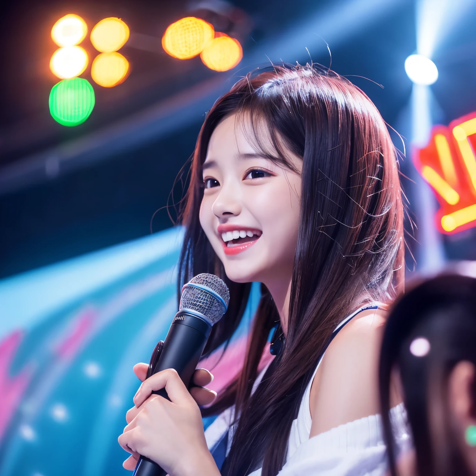Cute girl, holding microphone, singing loud, beautiful white teeth