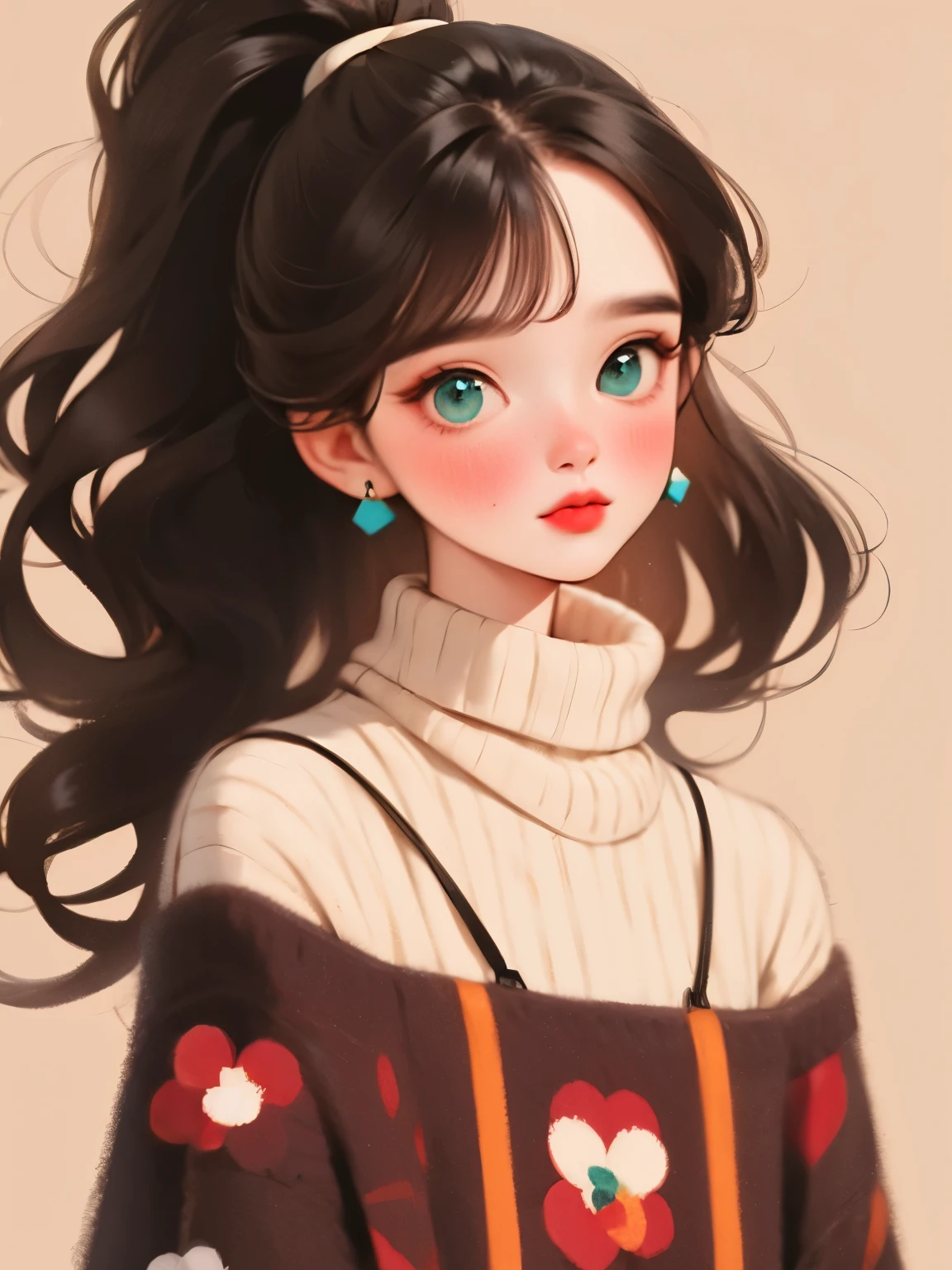 (masterpiece, best quality:1.2),flower arrangement art，watercolor painting，black irregular lines，a beautiful girl，Skin detail processing，The eyes are finely described，Delicate hair，ponytail，black high-neck sweater，White geometric pattern，Sweater details，hairy，Warm，Retro contrasting colors，flower brooch，clean background，green，blue，red，
