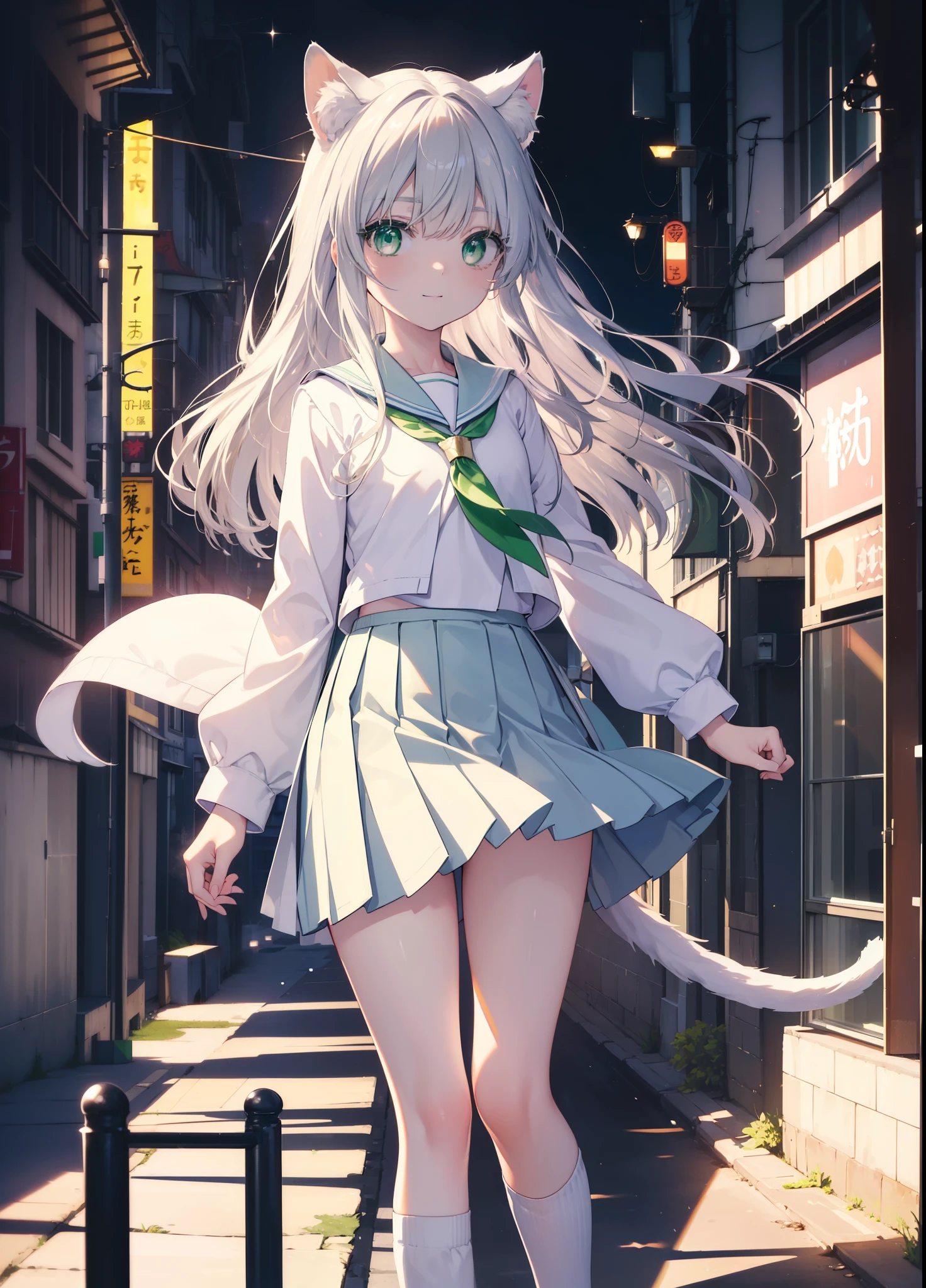 index, index, (green eyes:1.5), silver hair, long hair, (flat chest:1.2),smile,animal ears 　Brown cat ears,Animal tail　brown cat tail,Japanese high school girl uniform(sailor suit)white cardigan,blue pleated skirt,short white socks,brown loafers,city,building street,
break looking at viewer, Upper body, whole body,
break outdoors, city,
break (masterpiece:1.2), highest quality, High resolution, unity 8k wallpaper, (shape:0.8), (beautiful and detailed eyes:1.6), highly detailed face, perfect lighting, Very detailed CG, (perfect hands, perfect anatomy),