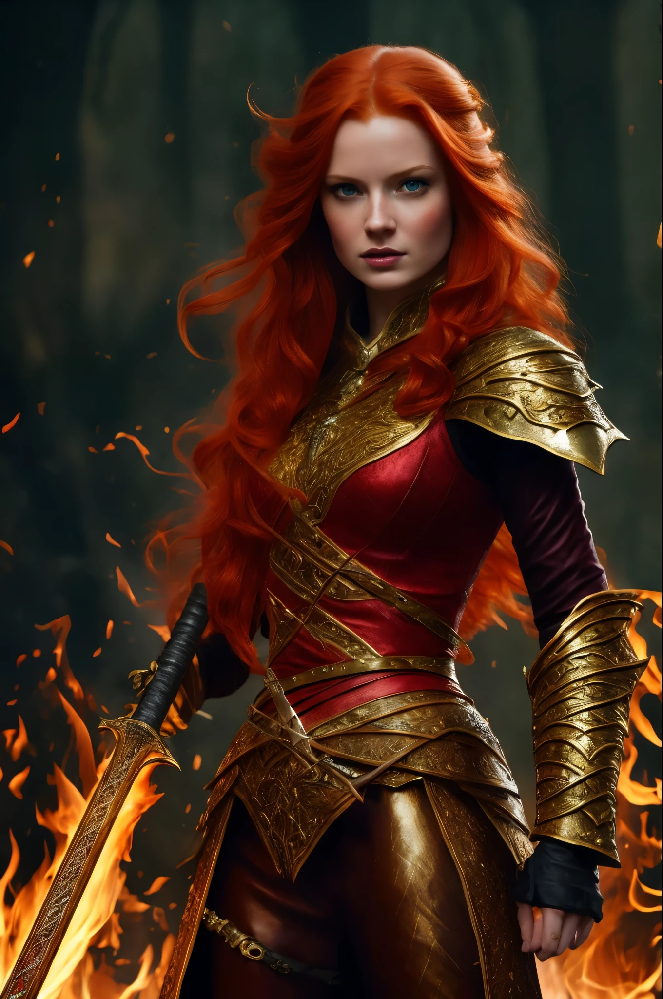 redhead haired woman with a sword and a fire in her hand, stunning character art, fantasy art behance, epic exquisite character art, fantasy character portrait, fantasy concept art portrait, alexandra fomina artstation, elegant cinematic fantasy art, cgsociety portrait, deviantart artstation cgscosiety, cinematic cgsociety, 3 d render character art 8 k, epic fantasy art portrait