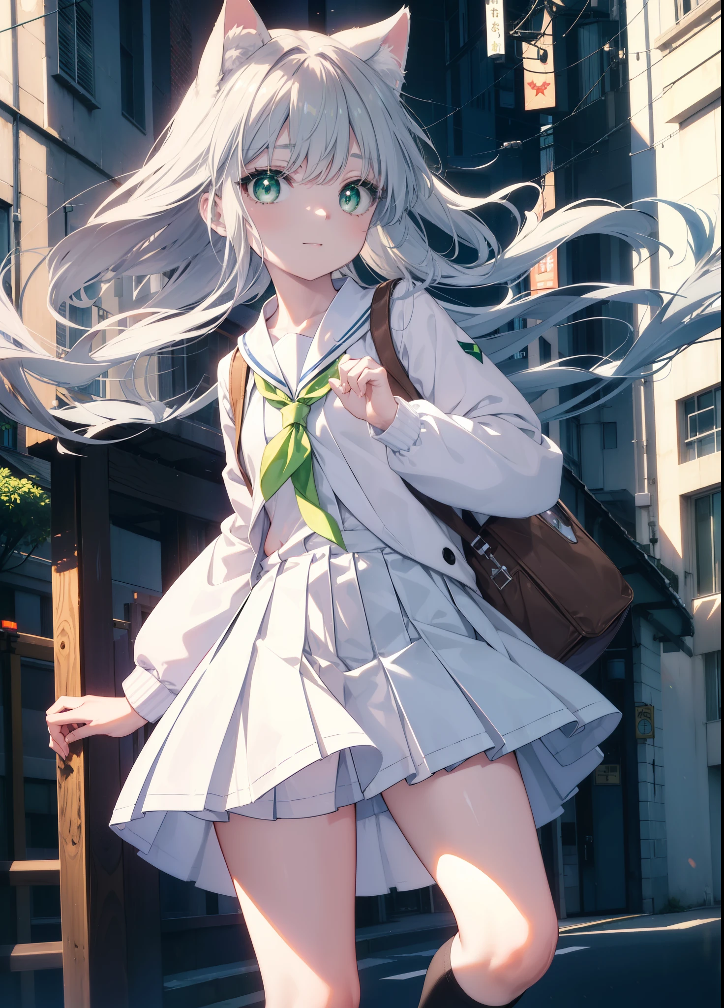 index, index, (green eyes:1.5), silver hair, long hair, (flat chest:1.2),smile,animal ears Brown cat ears,Animal tail brown cat tail,Japanese high school girl uniform(sailor suit)white cardigan,blue pleated skirt,short white socks,brown loafers,city,building street,
break looking at viewer, Upper body, whole body,
break outdoors, city,
break (masterpiece:1.2), highest quality, High resolution, unity 8k wallpaper, (shape:0.8), (beautiful and detailed eyes:1.6), highly detailed face, perfect lighting, Very detailed CG, (perfect hands, perfect anatomy),