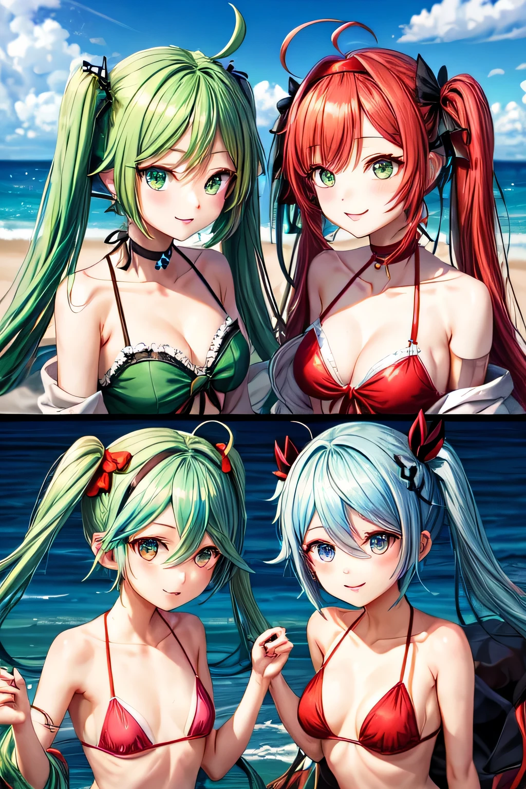 (hatunemiku:1.5)green hair.very long_twin tails.green eyes.masterpiece, highest quality, a , emerald green hair long wavy hair twin tails.hair between eyes,dark green eyes
.dull bangs, double ahoge, red hair band, Pearl Skin, small breasts, very big pigtails, red bikini, sunny, coastal